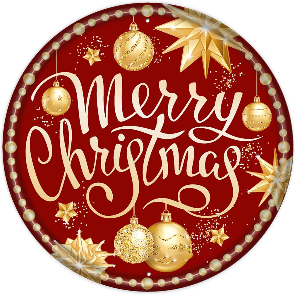 Christmas Wall Decor Round Metal Tin Sign Christmas Wreath Sign Red and Gold Merry Christmas Ornament Door Hanging Wall Decoration Bar Home Round 12X12 Inches