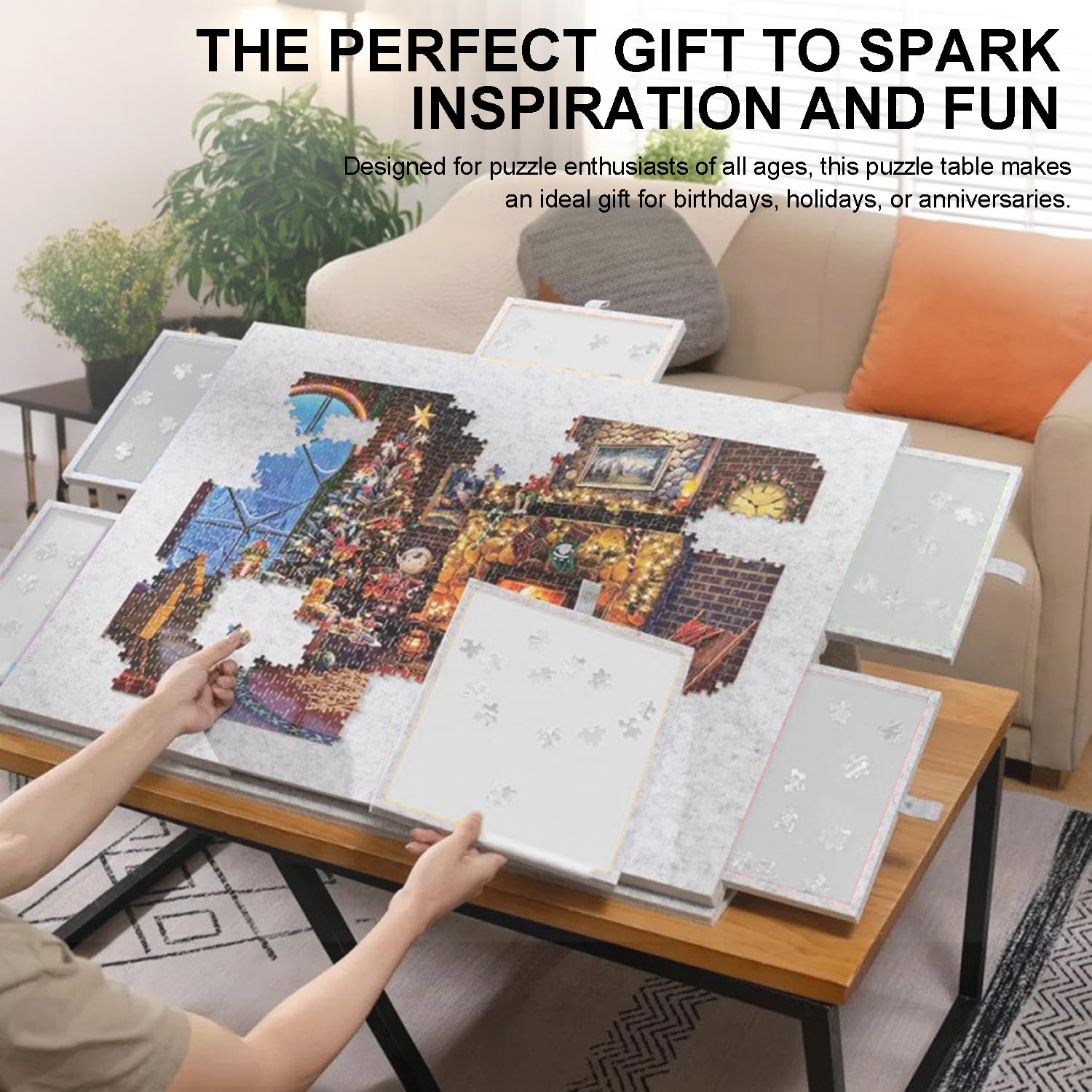 Table Puzzle 1000 Pièces,Support pour Puzzle,Planche à Puzzle Inclinable avec Support Et Couvercle 2 en 1,avec 6 Tiroirs De Classification,Surface Antidérapante,Plaque De Recouvrement Pliable(Blanc)