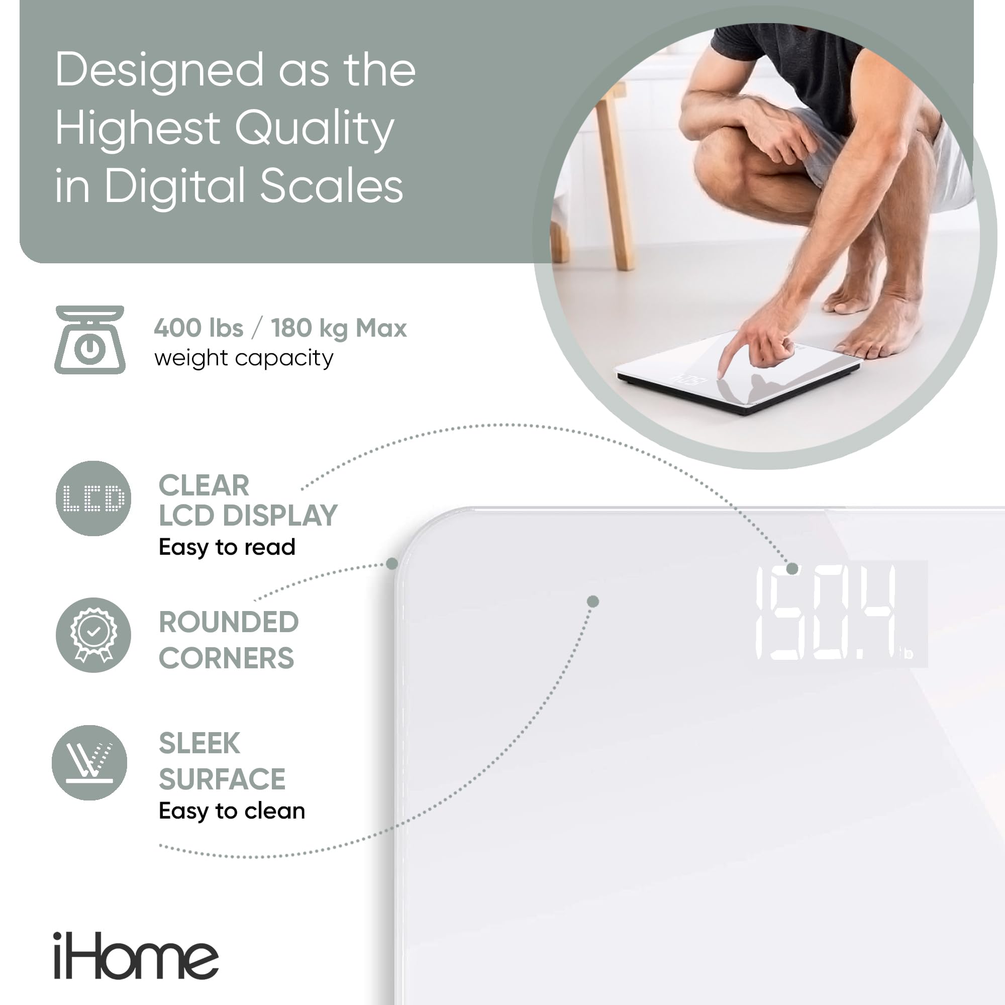 iH iHome Pèse-personne numérique haute précision alimenté par piles avec écran LCD Idéal pour la salle de sport à domicile Blanc 180 kg