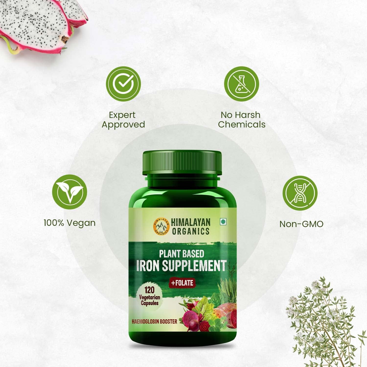 Himalayan Organics Plant Based Iron Supplement with Folate | Blood Builder | Whole Food | 120 Veg Capsules