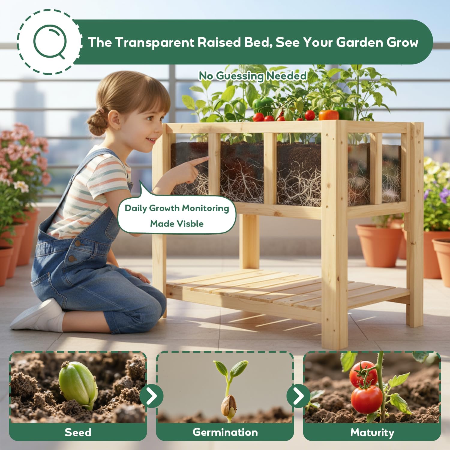 PetsCosset Small Transparent Raised Garden Bed with Legs, Compact Planter Box Stand with Observation Panels & Storage Shelf for Balcony, Patio, Small Spaces (Natural Wood)