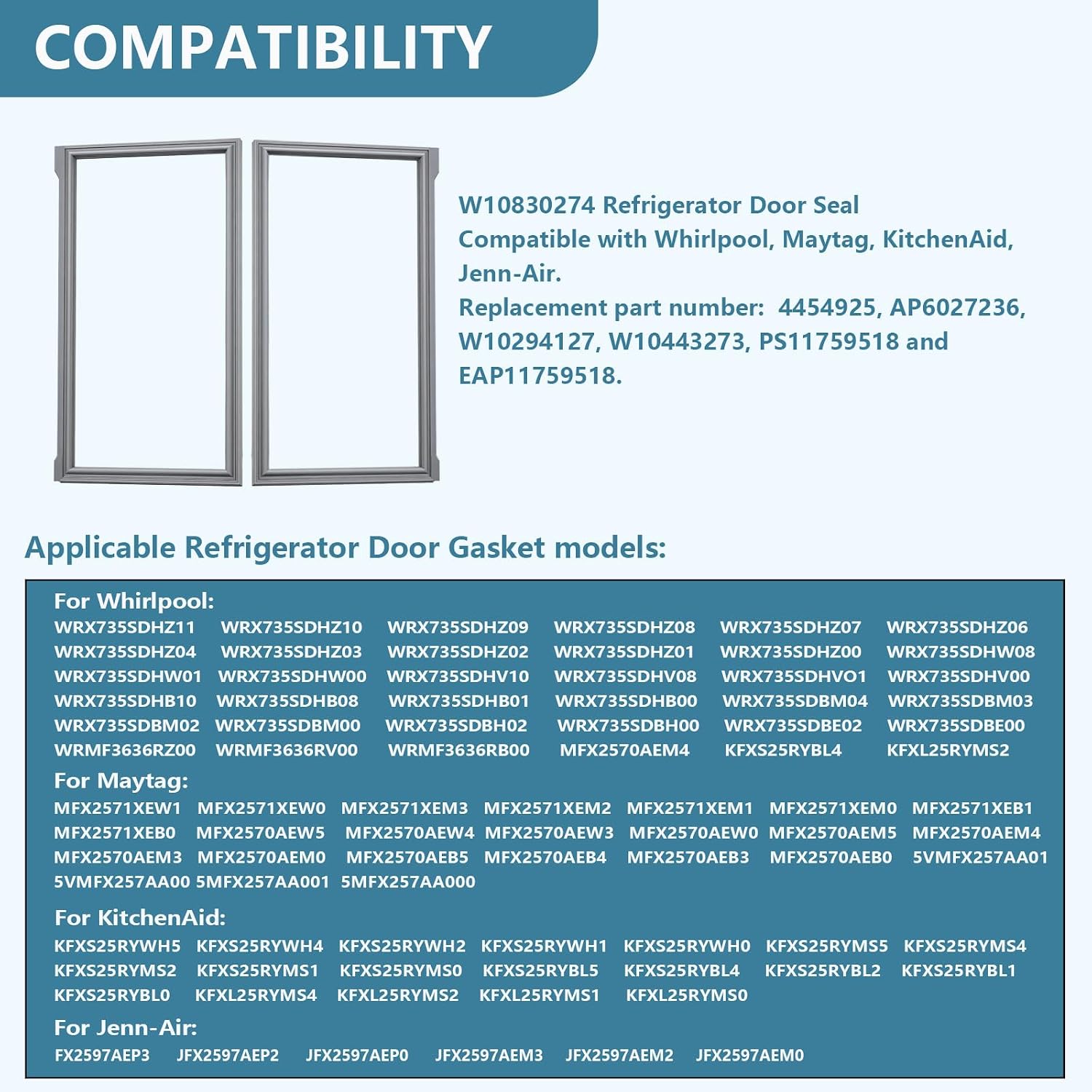 W10830274 Refrigerator Door Gasket Replacement for Whirlpool 32.09" x16.93"