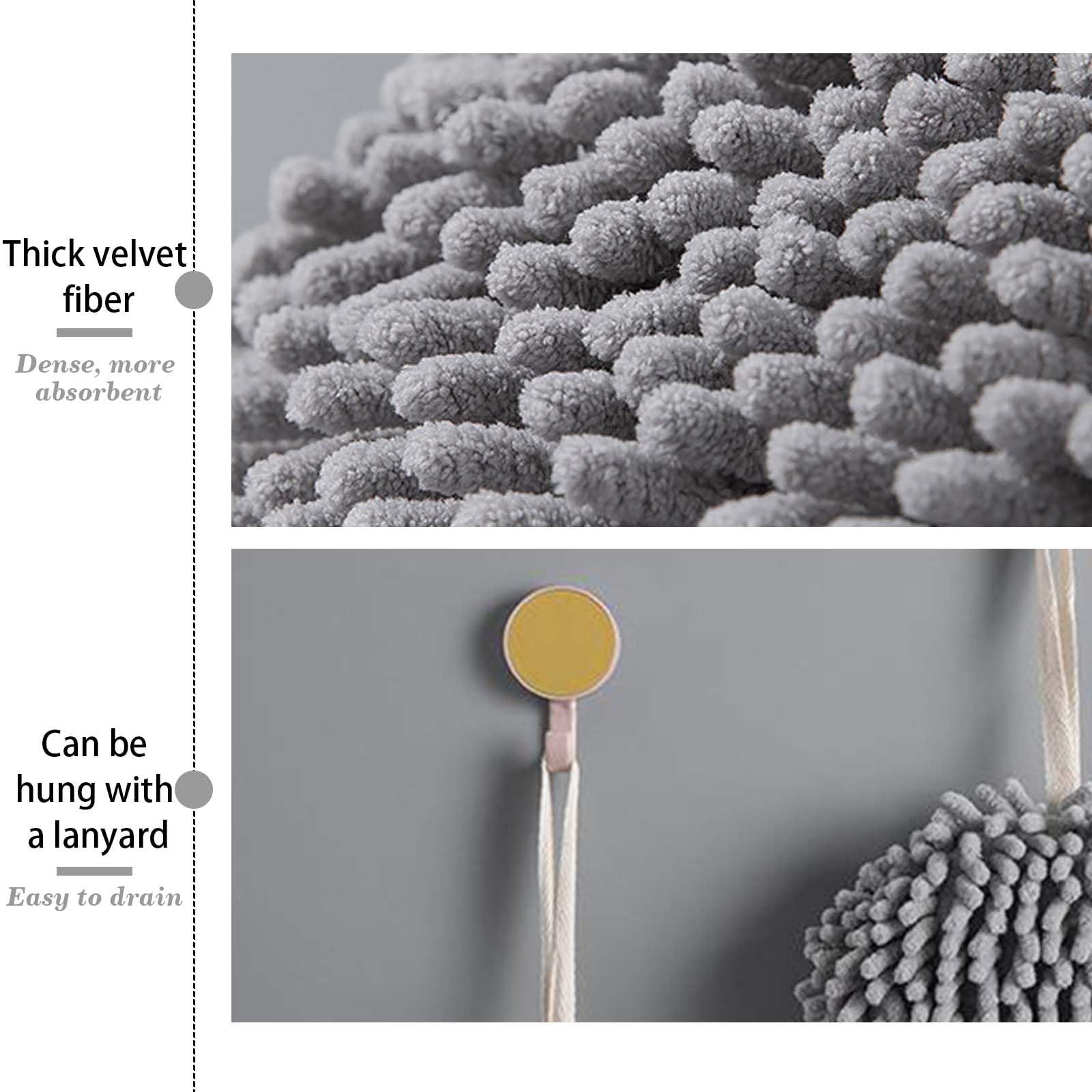 2 Serviettes De Main En Chenille MisFun - Essuie-Mains Ronds Avec Boucle