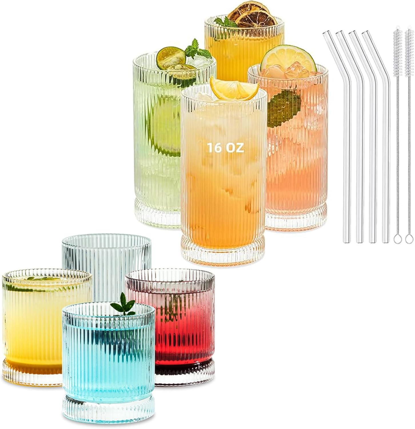 KEMORELA Vintage Ribbed Glassware Set, 16oz XL Drinking Glasses With Straws, 13oz Origami Style Cocktail Glasses Set of 4