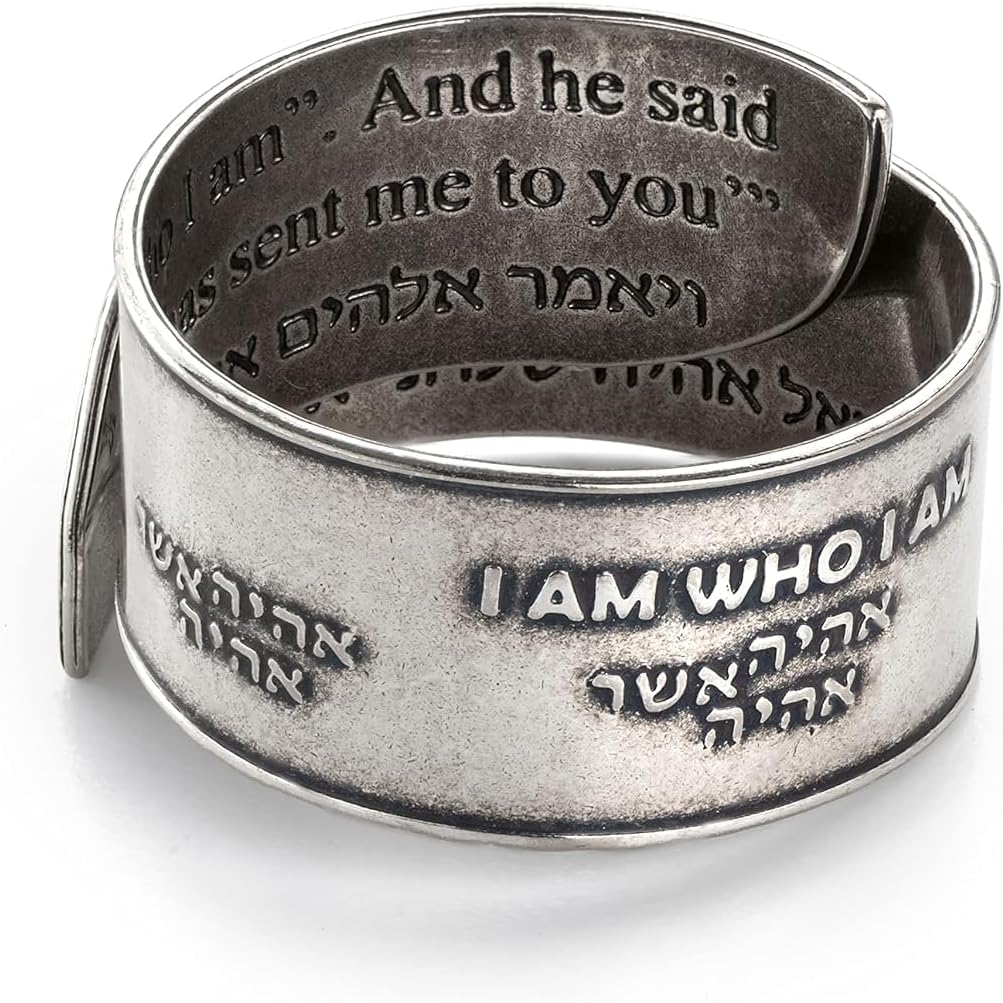 Religious Silver Ring for Men and Women, I Am Who I Am Bible Verse Ring Exodus 3:14, Unisex Silver Plated Open Adjustable Christian Prayer Jewelry, Handmade in Israel Gift by Hallel Jewelry