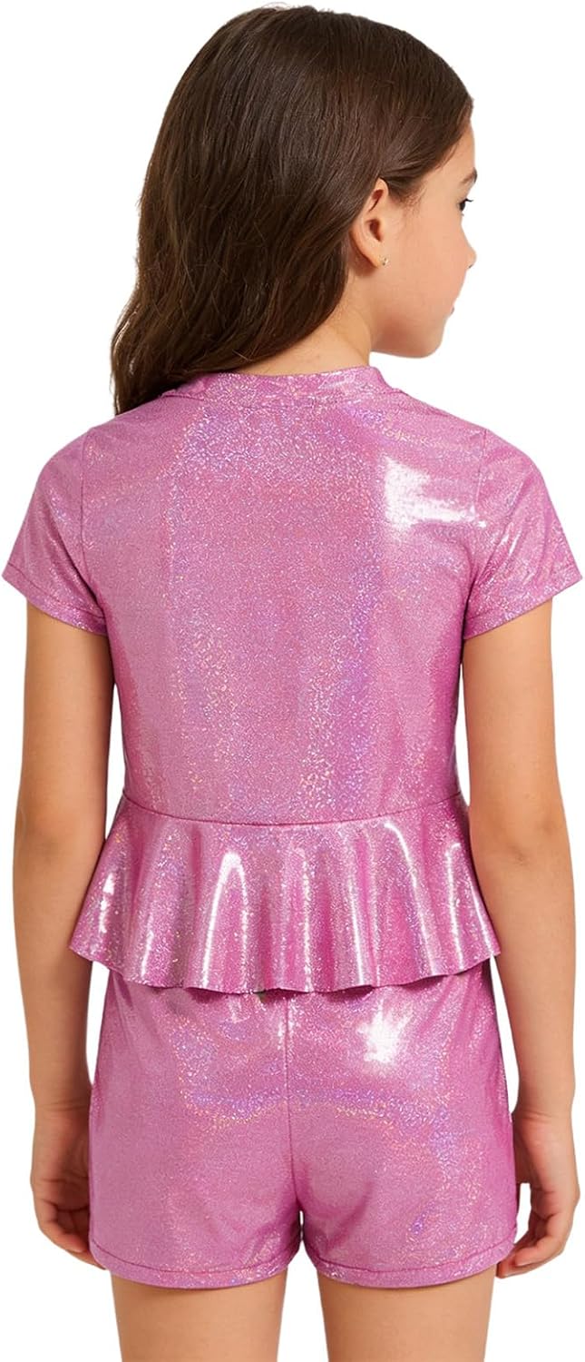 DINORMIN Girls Metallic Peplum Crop Tops with Shiny Shorts Rave Dance Outfits Cheer Outfit for Cheerleading Hot Pink 7-8 Years