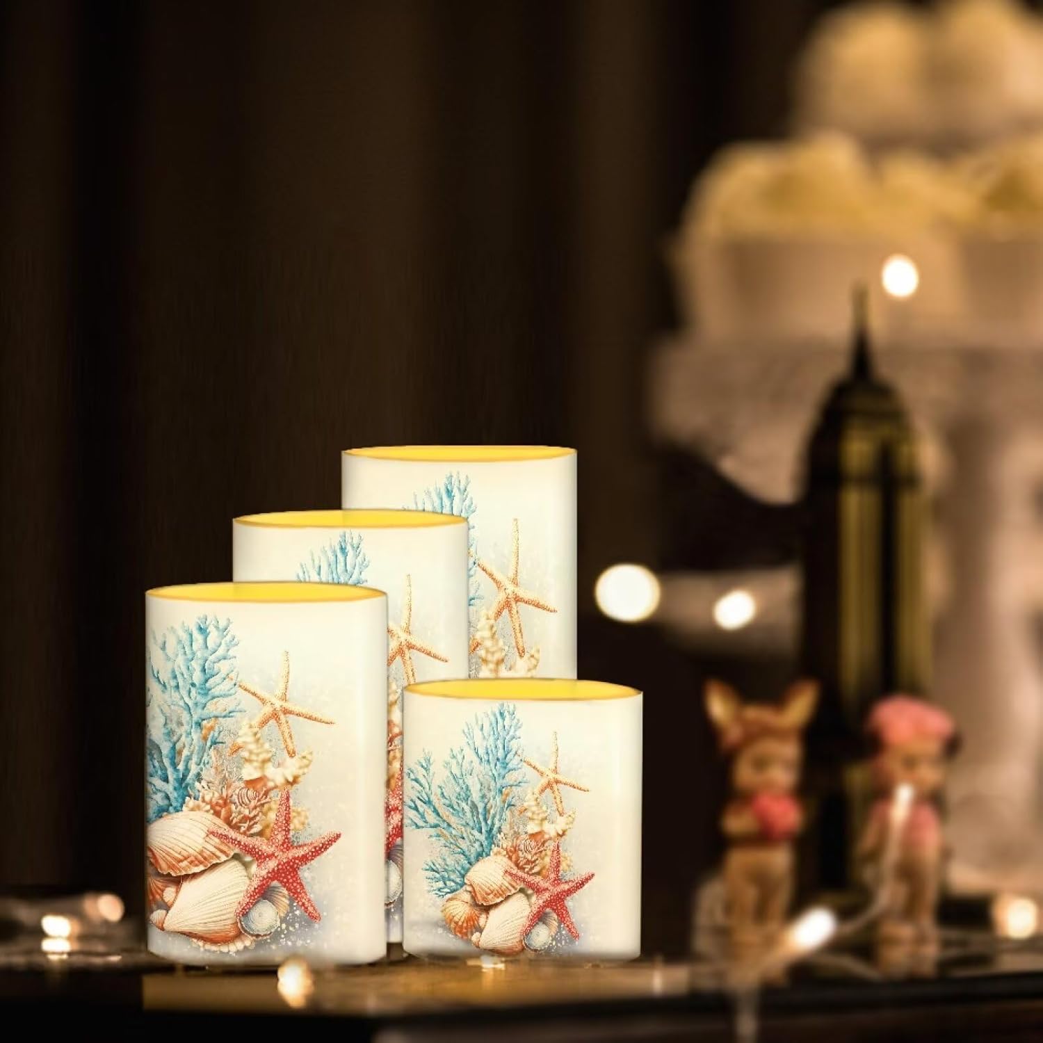 Cozeyat Beach Coral Outdoor Indoor Flameless Candles 4 Pack LED Pillar Candles with Remote Color Changing Timer Flickering Battery Operated for Home Wedding Decor