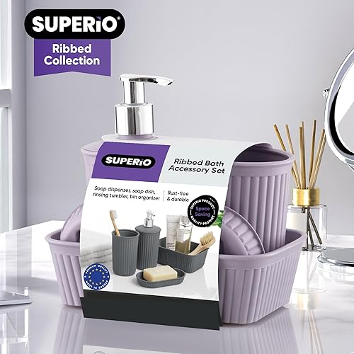 Miniatura 5 de Superio Colección acanalada, juego de accesorios decorativos de baño de plástico, morado lila (juego de 4) jabonera, dispensador de líquido, taza