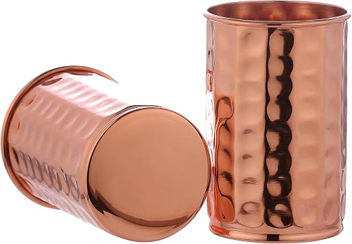 HealthGoodsIn Copper Cups 11.8 oz (350 mL), Set of 2 - Pure Copper Drinking Cups for Water, Ayurvedic Copper Cups for Daily Use (Hammered)