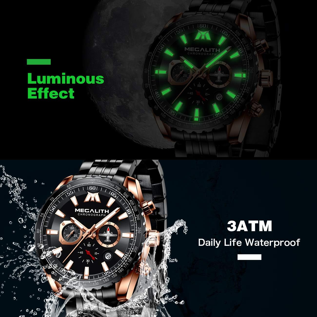 MEGALITH Mens Watches Stainless Steel Waterproof Analog Quartz Fashion Business Casual Chronograph Watch for Men, Auto Date 2-Black image 4 of 8 B088YXP9B2