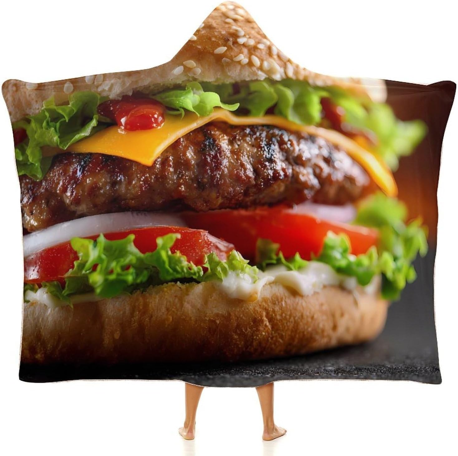 Cheeseburger Fast Food Pattern Wearable Blanket Oversized Throw Cape | Cozy Hooded Blanket Gifts for Women Men