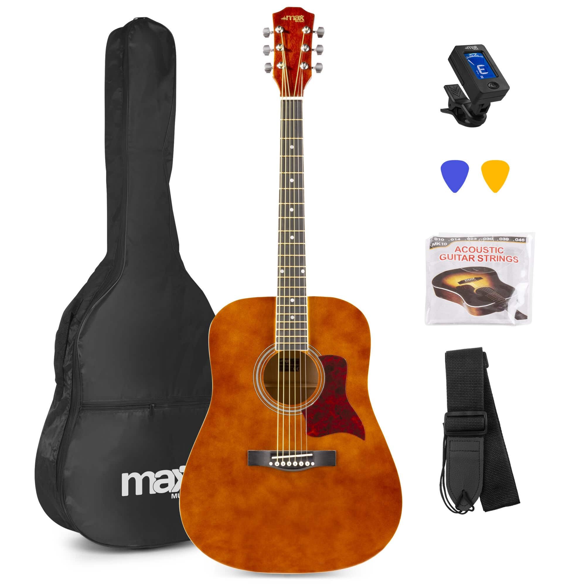 MAX SoloJam Westerngitarre, Akustik Gitarre Set, Acoustic Guitar, Akustikgitarre 4/4 mit Tasche, Gitarrenständer, Plektrum, Stimmgerät, Schultergurt, Stahlsaiten, Anfängergitarre - Holzbraun