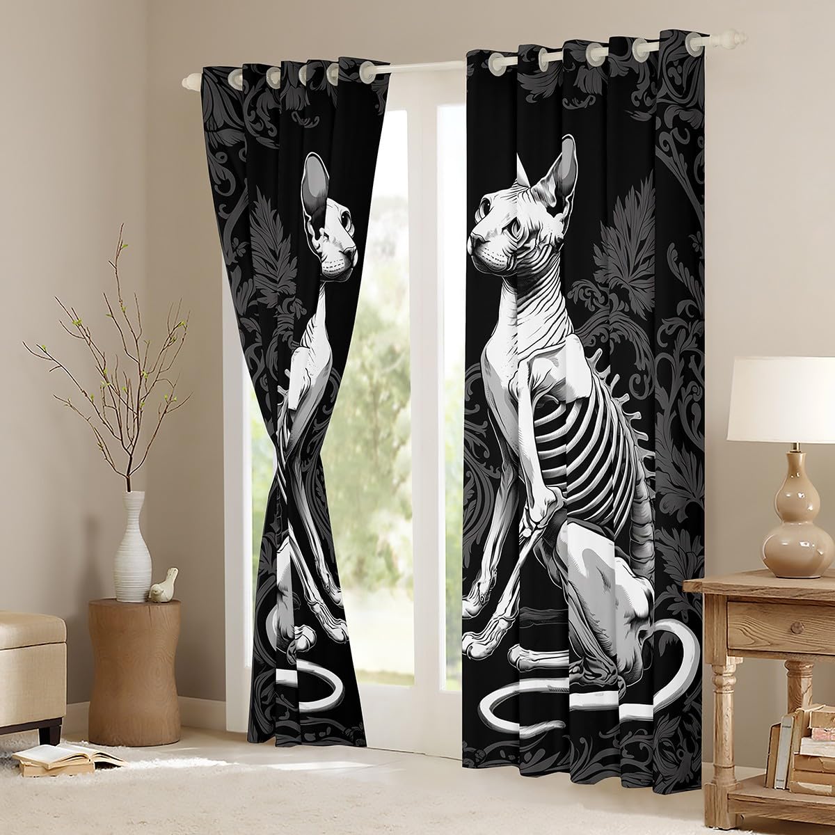 Homewish Zasłony okienne na Halloween, 117 x 183 cm, 2 panele – gotyckie zasłony zaciemniające z czaszką, czarne zasłony okienne, vintage, gotycka dekoracja do sypialni
