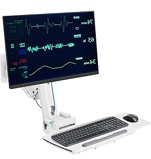 MED2H Heavy Duty Medical Wall Mount Workstation with Folding Keyboard Tray and Sliding Mouse Pad | Height Adjustment Space Save Folding Design for 17"-49" Screen Up to 44 lbs | Oral Scanner Holder
