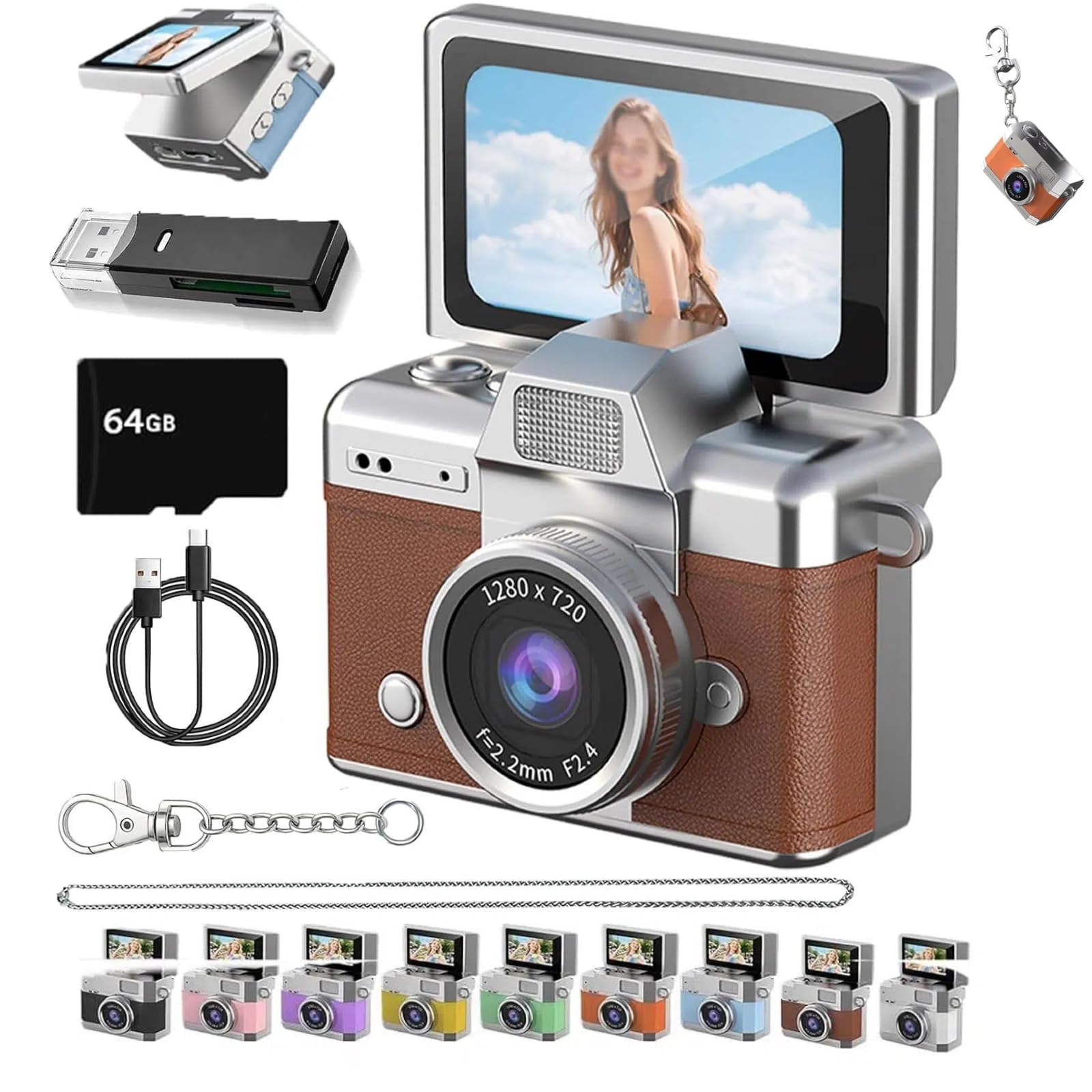 Thumb-Sized Flip Screen Mini Camera, Mini Keychain Digital Camera, Flip Screen Mini Camera with Built-in Flash &amp; Flip Display, 64GB Memory, Portable Keychain Camera for Travel &amp; Daily Use (1, Brown)
