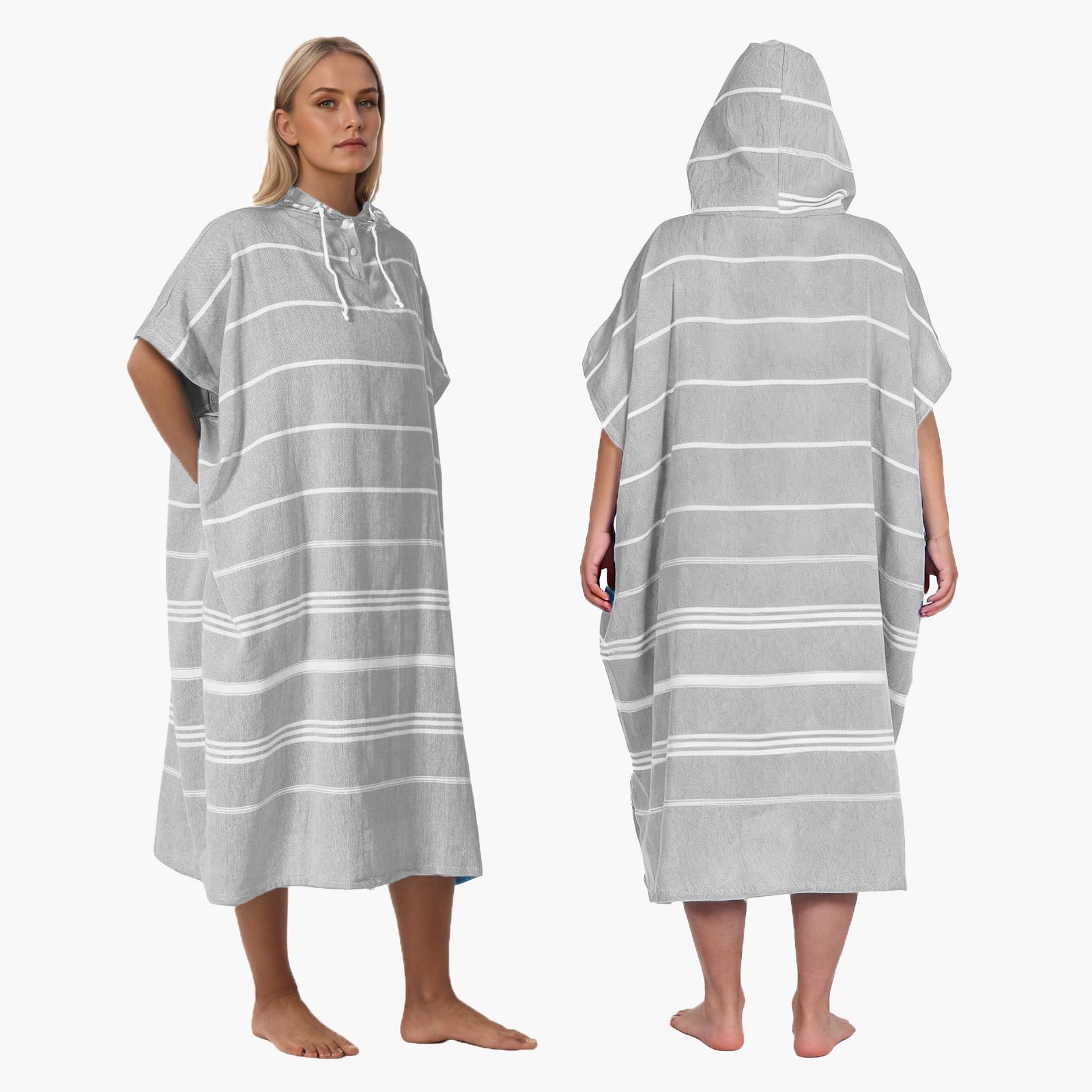 1pcs Cotton Turkish towel poncho Turkish Surf Poncho Changing Towels Wearable Towel Hooded Swim Robe with Pocket Swim Cover Up Beach Towel for Adult Man Women Surf, Beach, Pool and Swim (Grey, L)