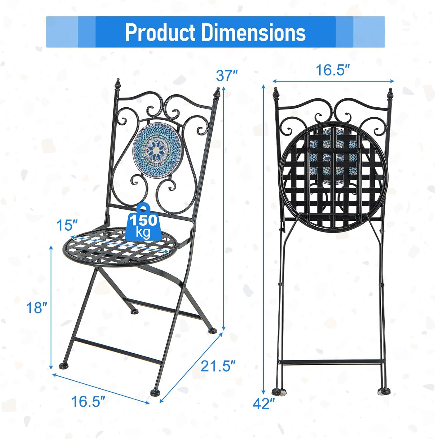 Giantex Set of 2 Patio Folding Chairs, Mosaic Bistro Chairs w/Backrest & Round Seat, Heavy-Duty Metal Frame, 330lbs Capacity, Outdoor Use for Porch Balcony Lawn
