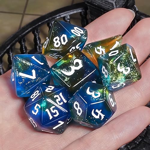 Miniatura 7 de CiaraQ DND - Juego de dados poliédricos para juegos de rol de Dungeons and Dragons RPG MTG, con 1 bolsa de dados (azul + amarillo + purpurina)