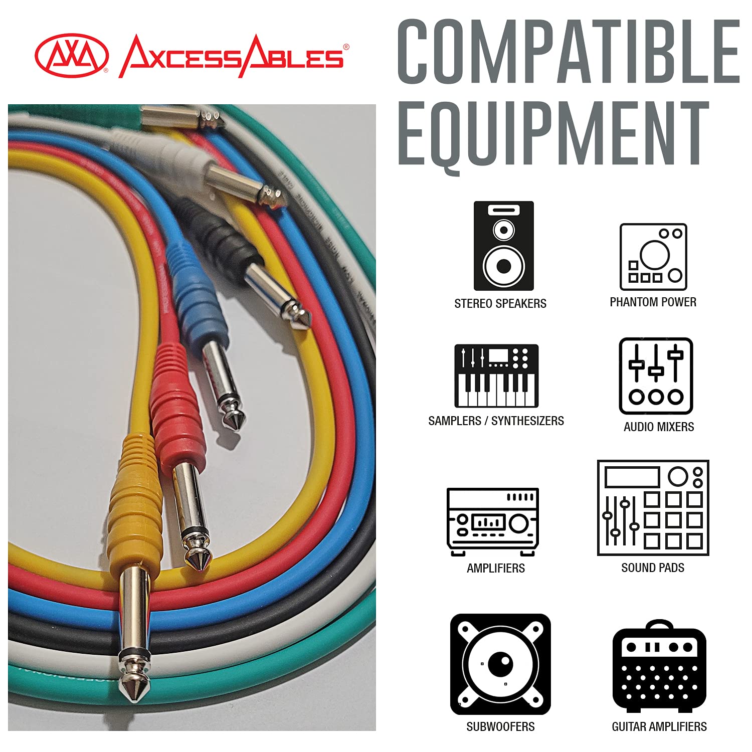 AxcessAbles 1/4 (6,35 mm) TS auf 1/4 (6,35 mm) TS Unsymmetrisches Mono-Patchkabel, mehrfarbig, 6 Stück (0,9 m) Außenbordausrüstung und Patchbay Studiokabel, externe Effekte, digitale analoge Effekte