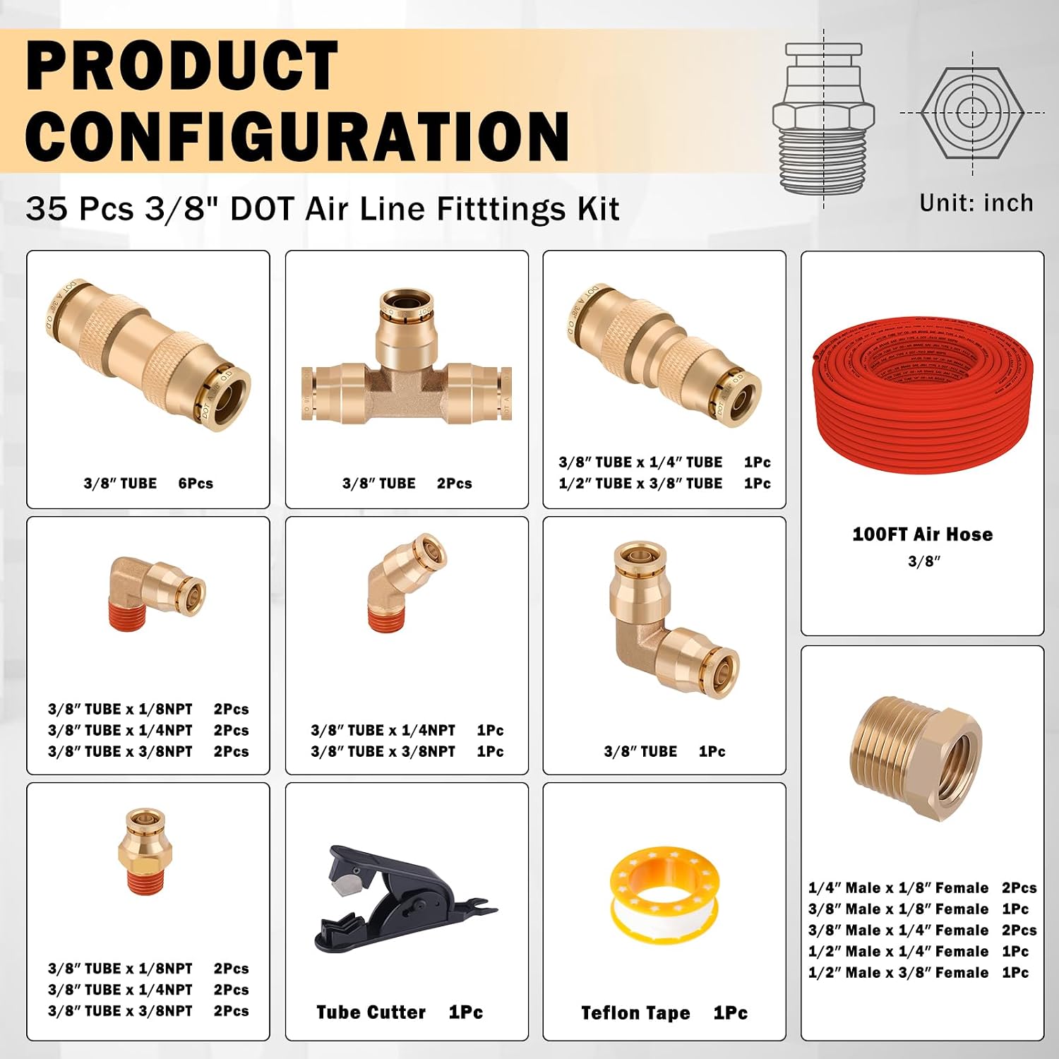 CheeMuii 3/8 Brass DOT Air Fittings With 100 FT 3/8" DOT Air Line Kit Quick Connect Air Line Fittings and Red Pneumatic Tubing for Semi Truck Trailer or Industrial Air Syste