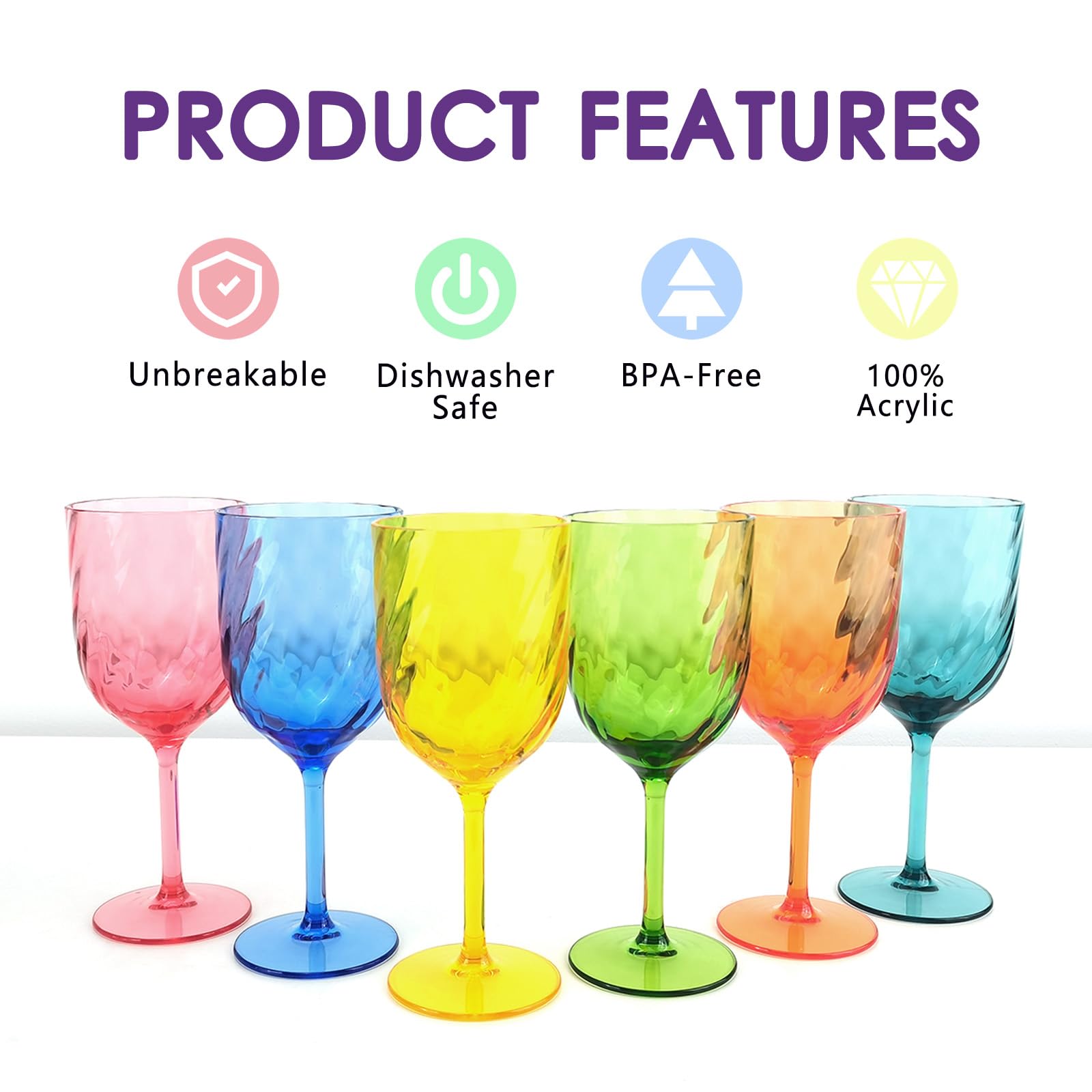 Set di 6 bicchieri da vino infrangibili, in acrilico, per interni ed esterni, senza BPA, infrangibili (multicolore)