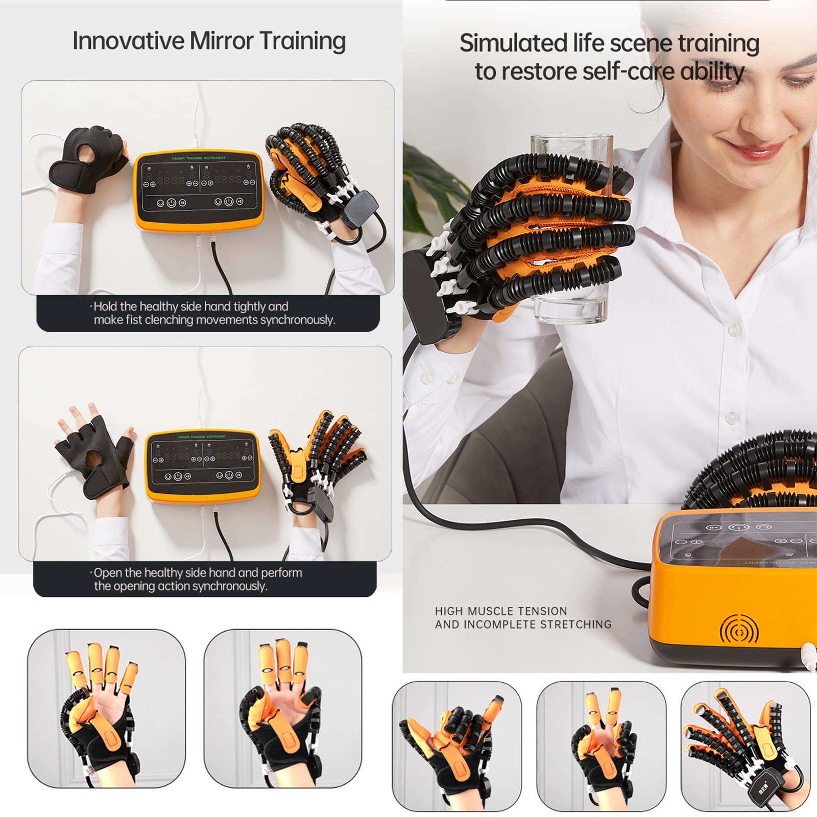 Nuevos Guantes de Robot de rehabilitación Modo de Dos Manos, Equipo de rehabilitación de Manos Ajuste de Fuerza con Carga USB, Equipo de Ejercicio de Mano con Dedo,L