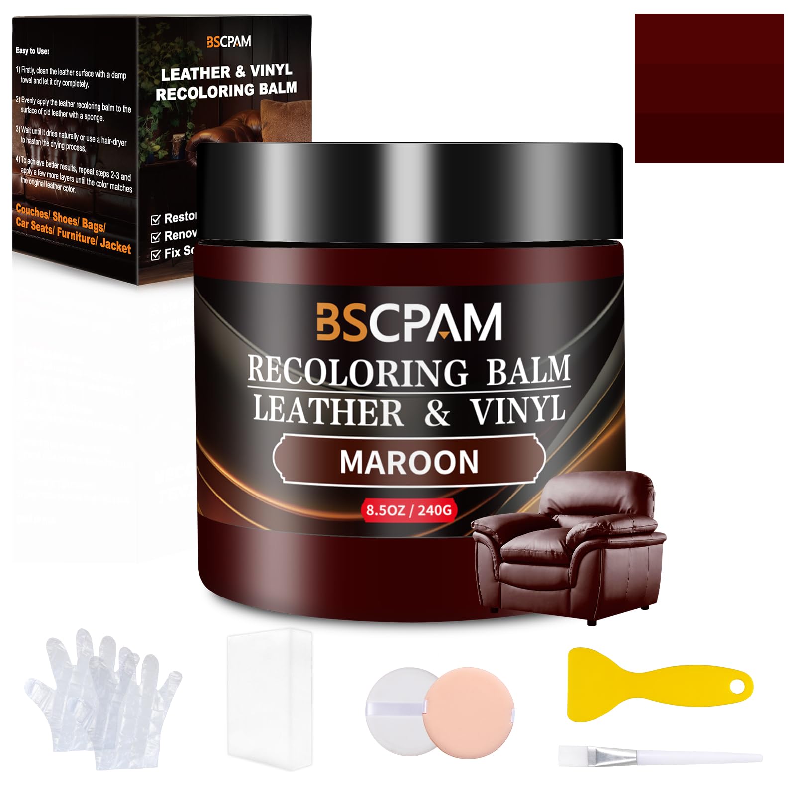 BSCPAM Maroon Leather Recoloring Balm,Leather Couch Scratch/Stain Remover,Leather Repair kit for Vinyl Furniture and Car Interior,Leather Dye Paint for Scratched and Faded Leather Couches