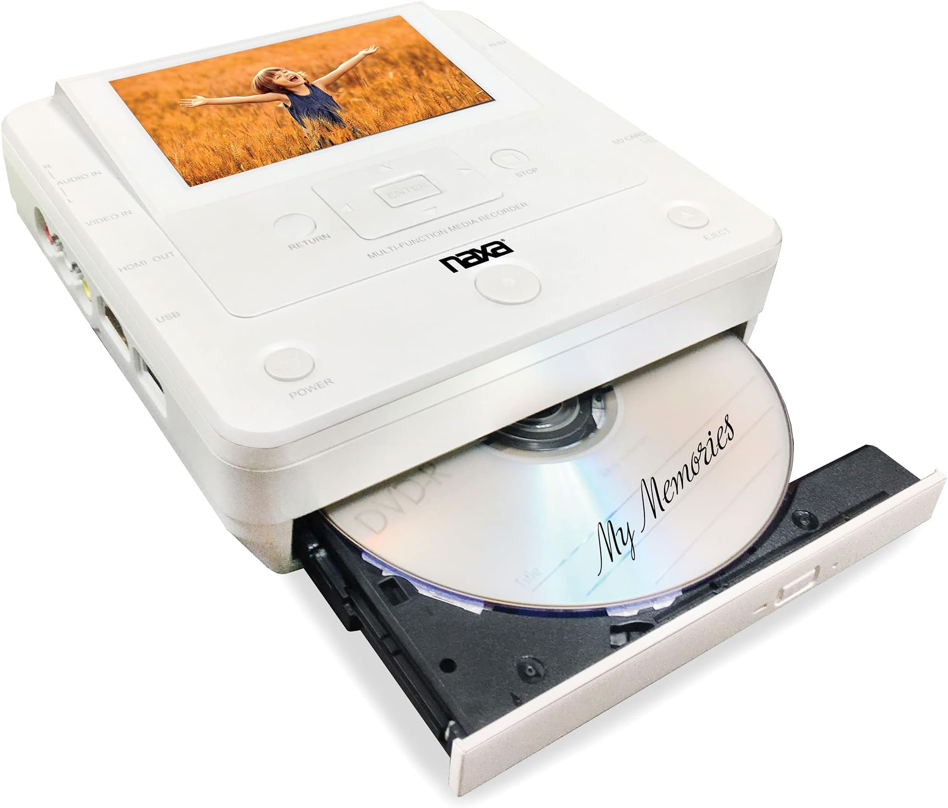 Naxa NTM-1100 DVD/USB Media Recorder with Screen, White, 10.80in. x 7.20in. x 4.00in.