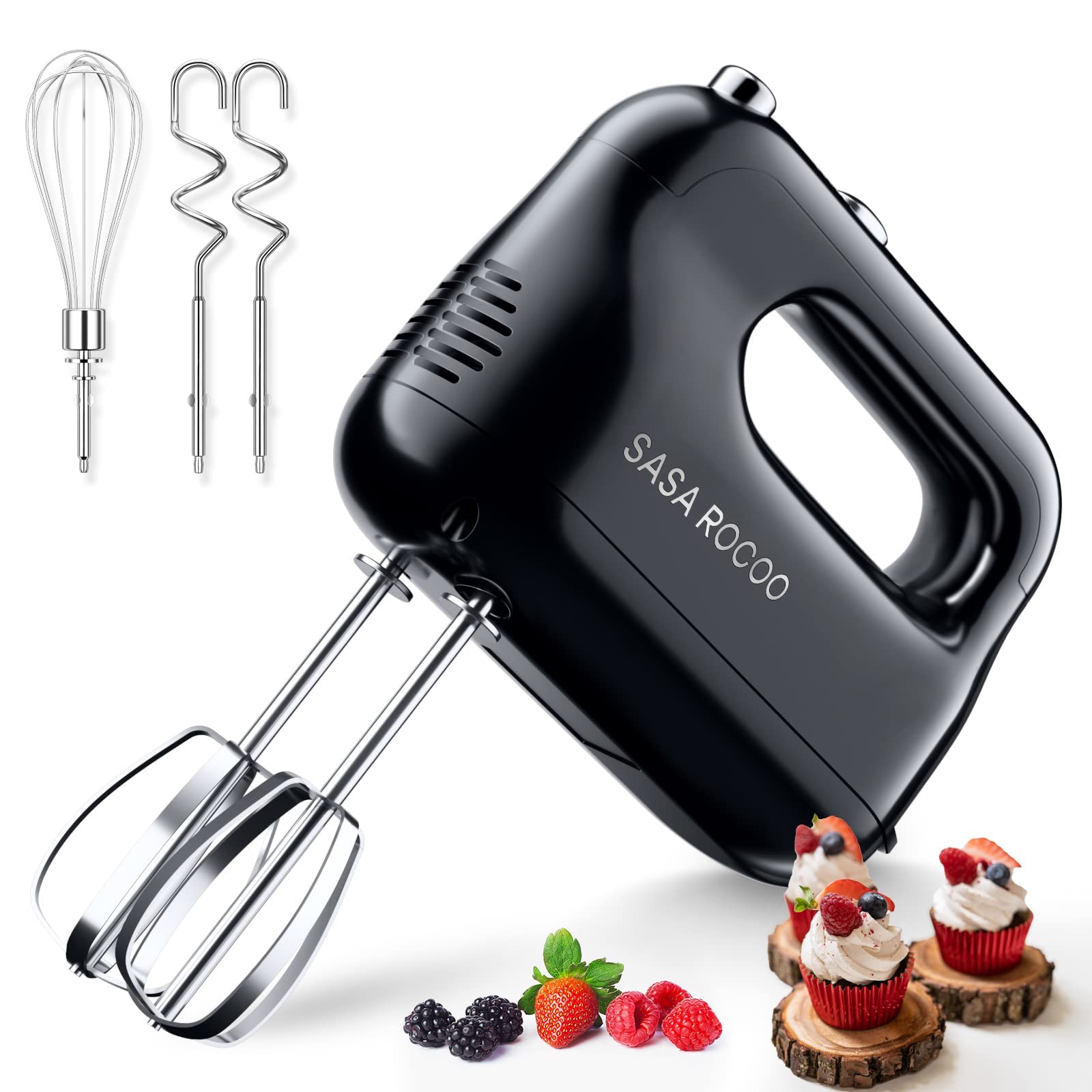 SASA ROCOO Electric Hand Mixer, 5 Speed Portable Handheld Mixer with Eject Button, Kitchen Hand Mixer with Stainless Steel Whisk Dough Hooks and Beaters for Easy Whipping, Mixing Cookies, Brownies, Cakes, and Dough Batters