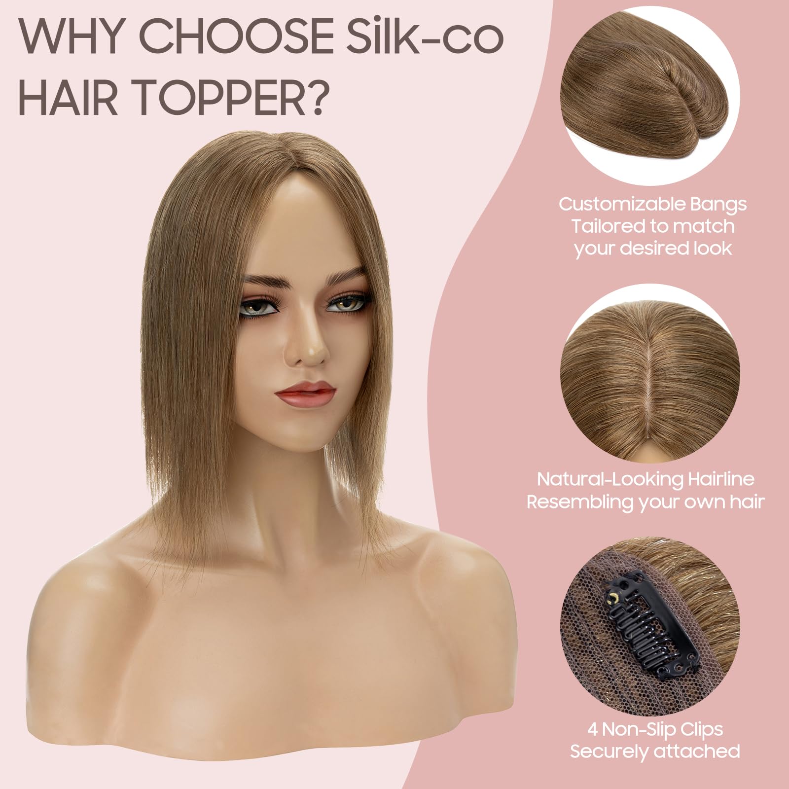 Silk-co Haarteile Echthaar, 10x12cm Haartopper Clip in Extensions Echthaar Topper Haarverlängerung, Toupet Hair Extensions Human Hair für Frauen, Hellbraun 35cm