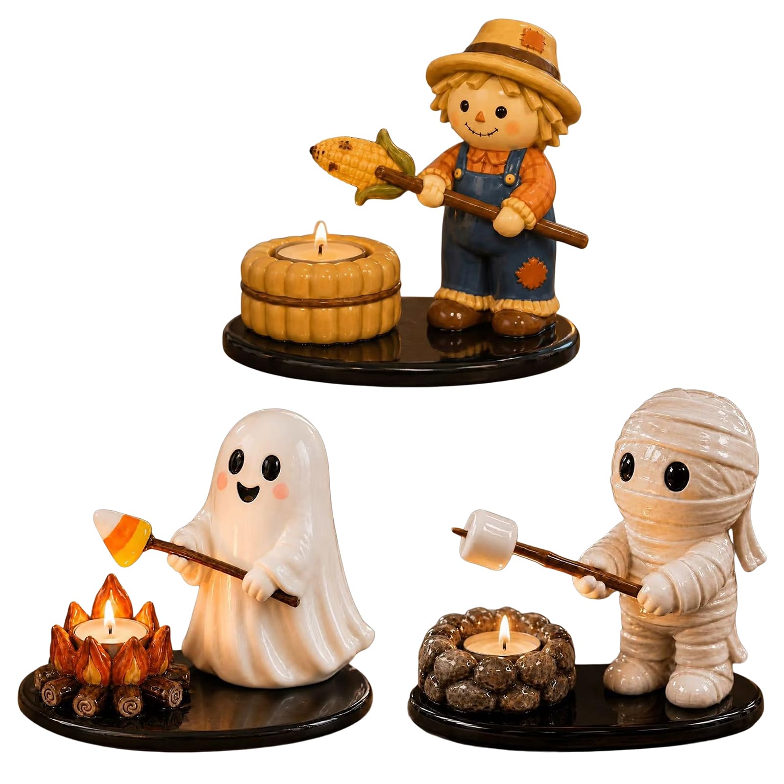 Halloween Campfire Tealight Holder, Ghost Mummy & Scarecrow