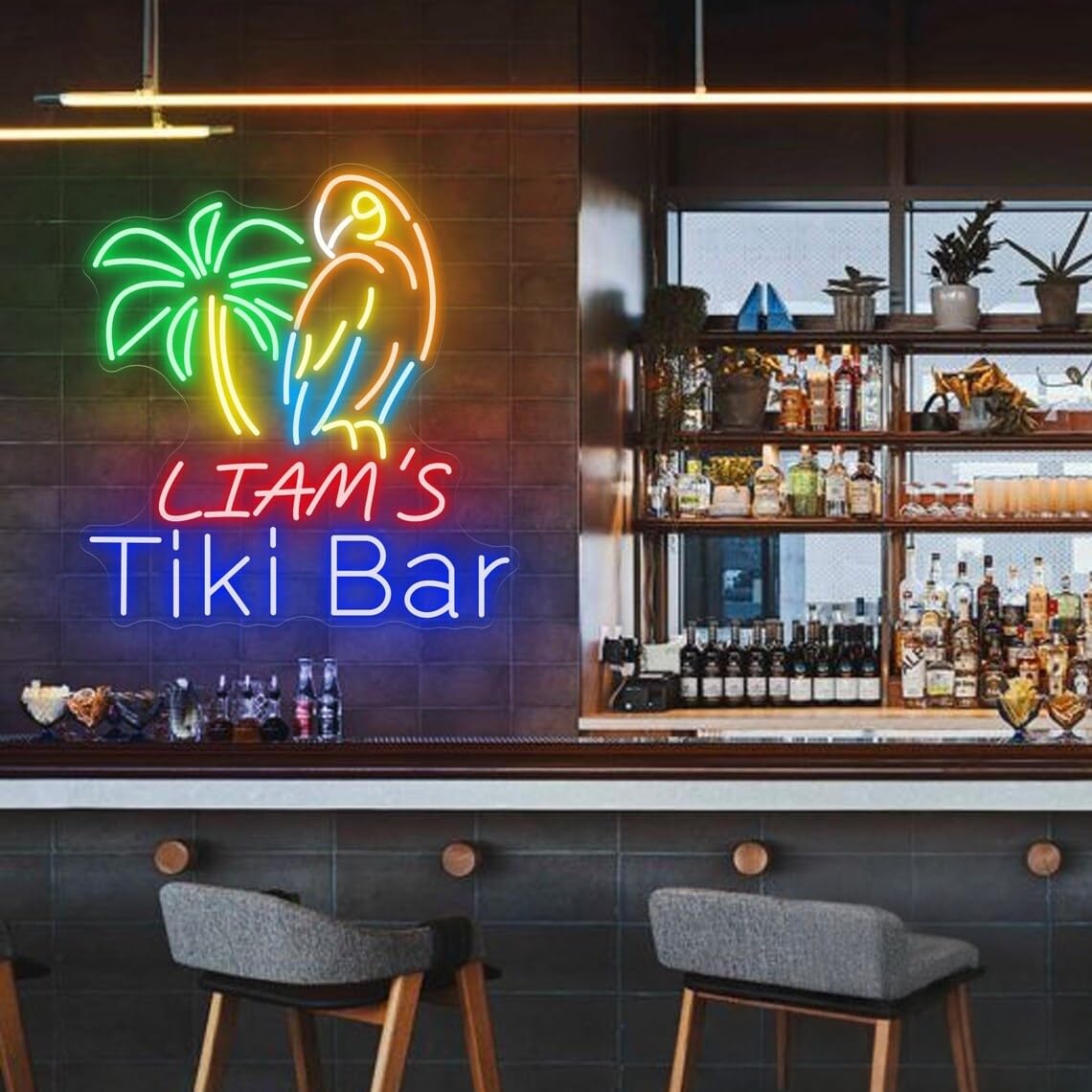Custom Tiki Bar Sign, Parrot Palm Decor, Palmtree Tiki Bar Led Light Personalized Gifts Man Cave Pub Decoration