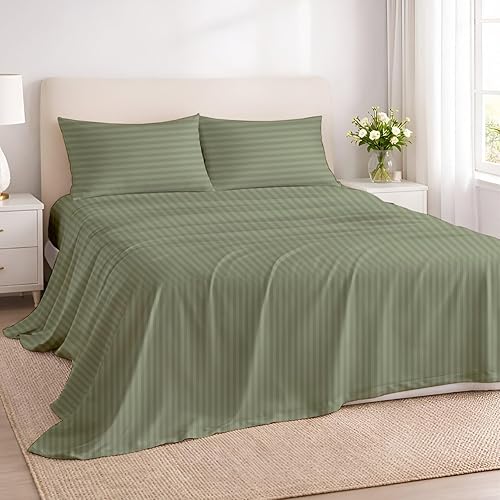 Rajlinen Juego de sábanas de algodón egipcio de 4 piezas, 600 hilos, bolsillo profundo de 16 pulgadas, tamaño King, rayas salvia