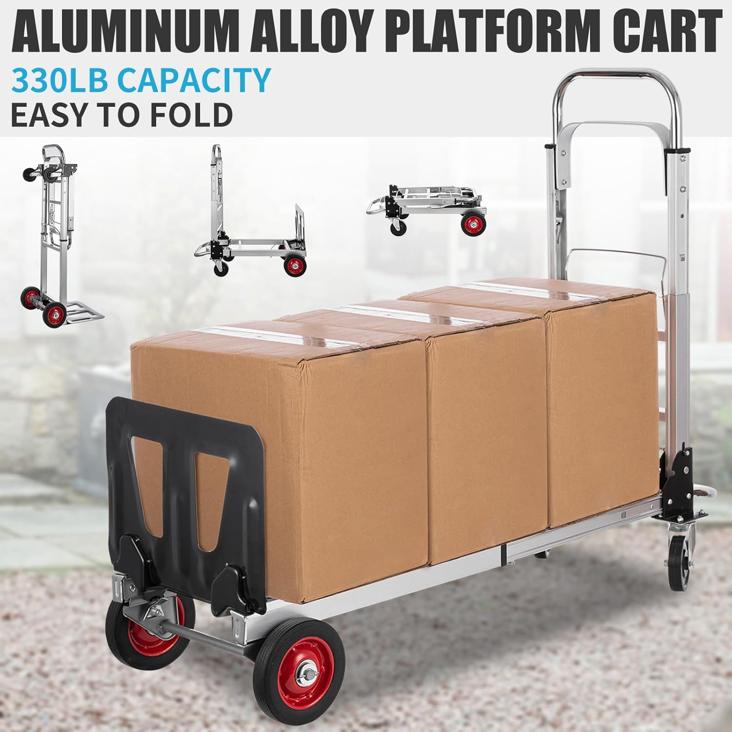 2 in 1 Aluminium Hand Truck Dolly 450lbs Capacity, Heavy Duty Convertible Hand Truck W/Pneumatic Wheels, Foldable Dolly Cart Collapsible for Moving with Retractable Handle