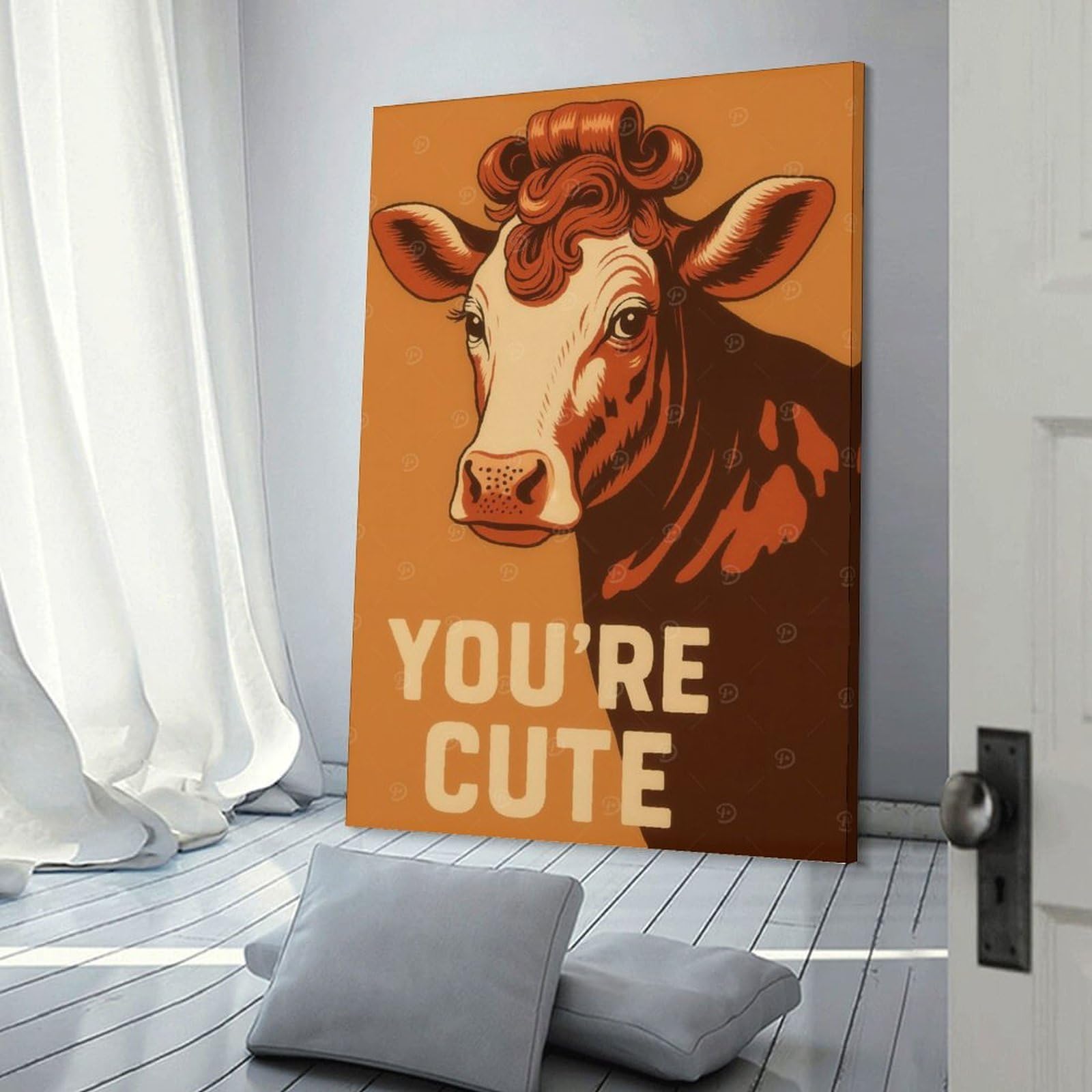 Junmoney Cute Cow Portrait for Bathroom Canvas Wall Art 20x30inch(50x75cm), for Work Areas, Reading Rooms Or Studios, A Smart Decor Choice for Study Walls