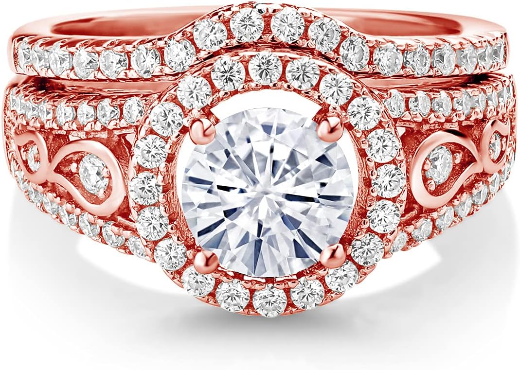 Gem Stone King 18K Rose Gold Plated Silver White Moissanite Wedding Engagement Ring Band Bridal Set For Women | 1.74 Cttw | Round 6.5MM | Wedding Engagement Anniversary Promise Ring For Women