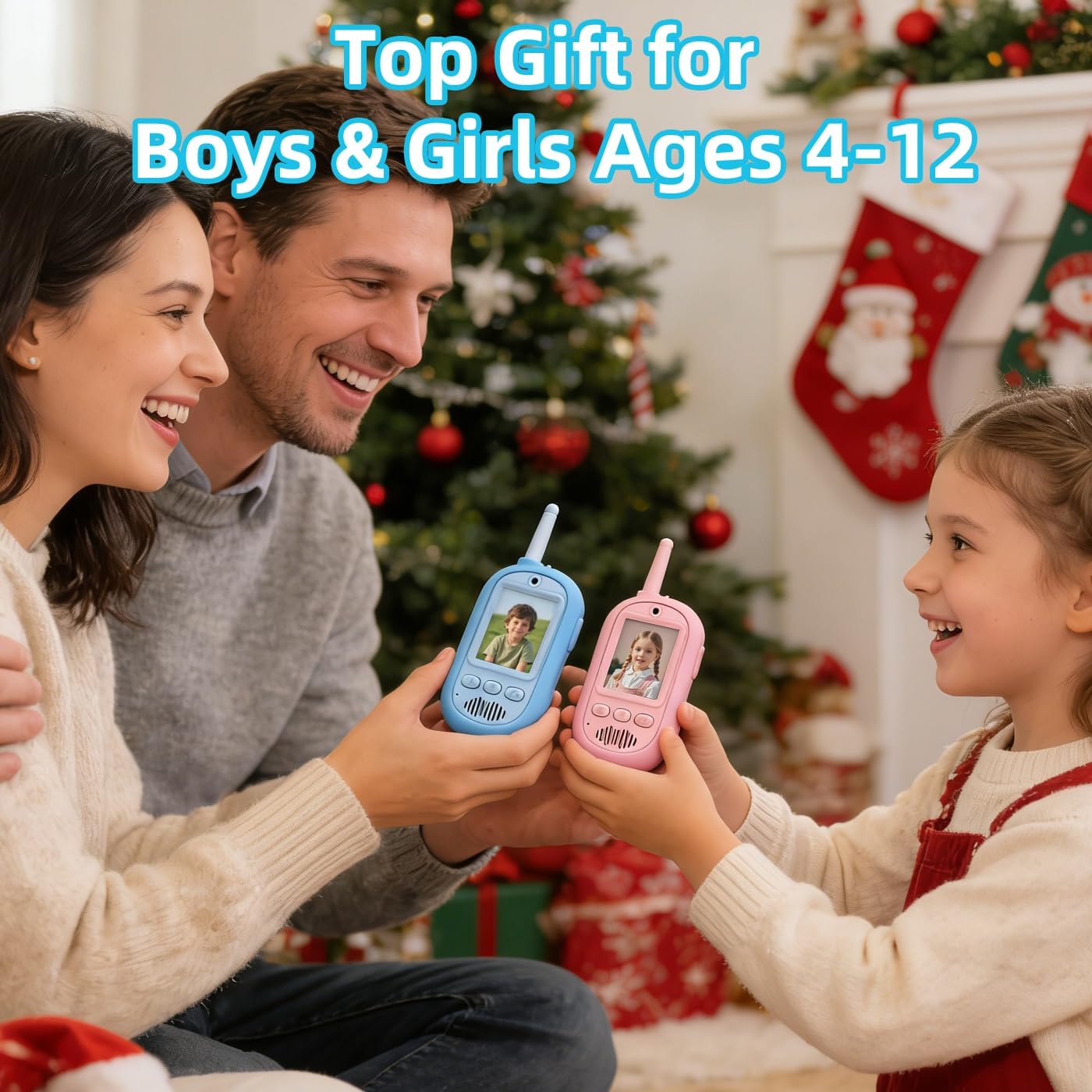 2PCS Video Walkie Talkies for Kids Camping Toys Spy Gear Outdoor Games for Family Hide and Seek Spy Role Play ABS Rechargeable Long-Range HD Camera Voice Changer Toy - Blue/Pink 136x56x26mm