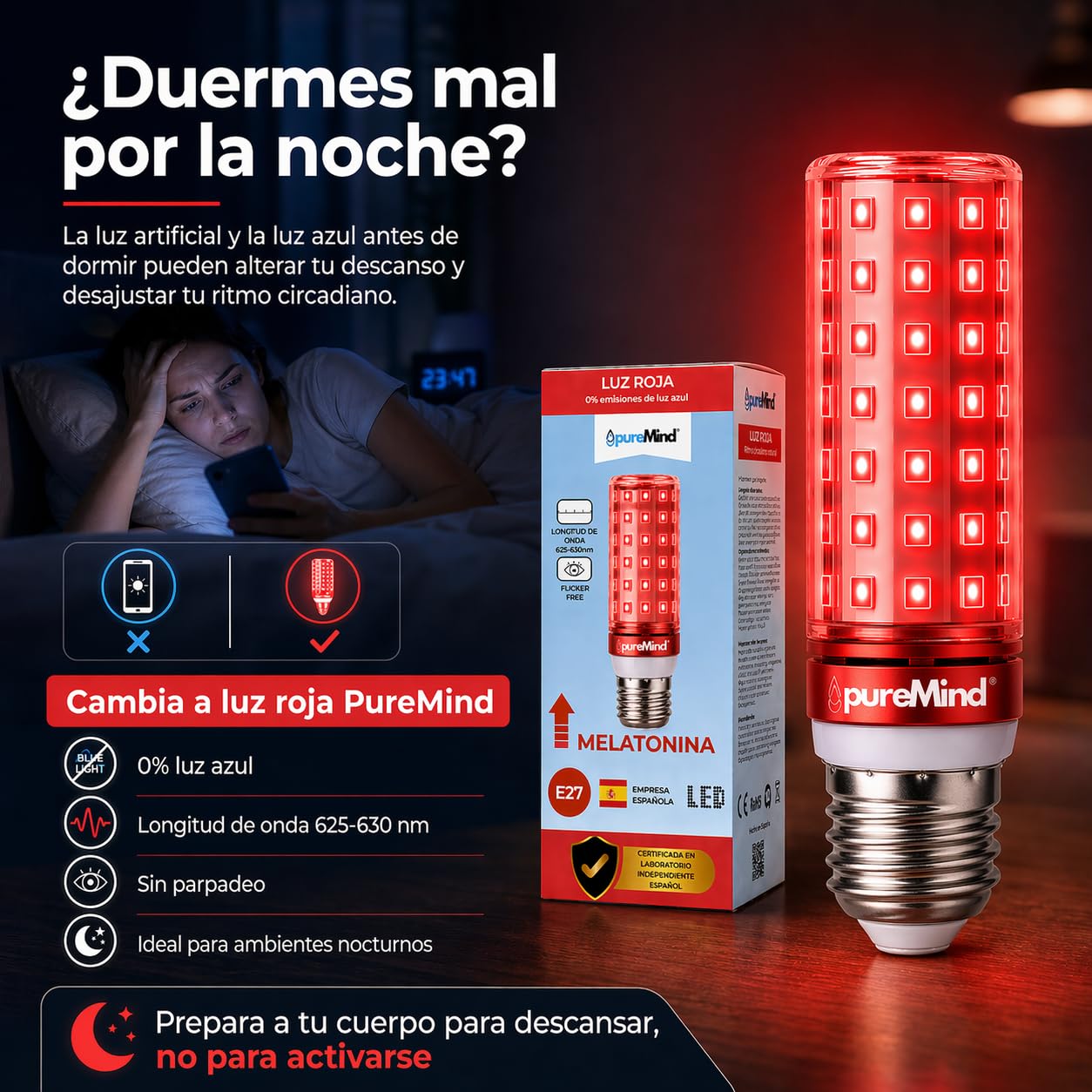 Puremind PACK 2 Luz Roja Nocturna Melatonina E27 para dormir bebe y adultos bombilla roja terapia para dormir tecnologia Flicker Free + 0% Luz Azul + rosca estandar + mejora del ritmo de descanso