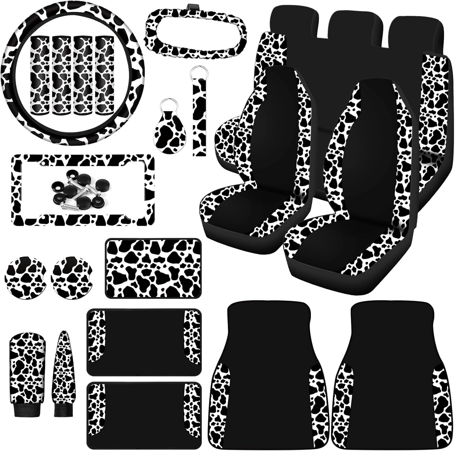 BBTO 26 Pcs Cow Print Car Accessories Cow Print Seat Covers Set Steering Wheel Cup Holders Foot Armrest Pads License Plate Seat Belt Mirror Handbrake Gear Cover Keyring for Truck SUV