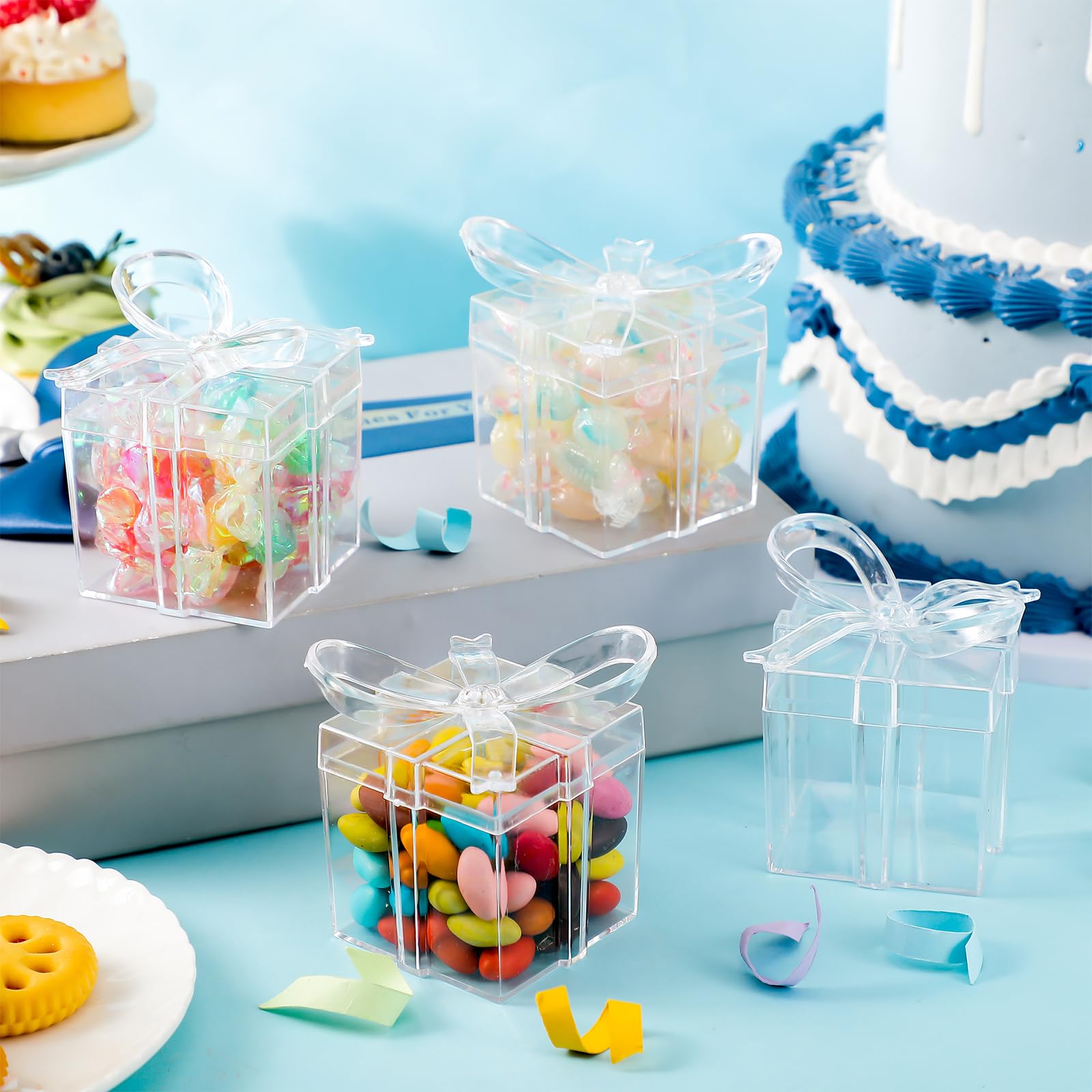 Potchen Transparente Geschenkboxen mit Schleife, 5,1 x 5,1 x 5,8 cm, transparente Geschenkboxen aus Kunststoff, kleine Süßigkeitenbehälter für Hochzeit, Weihnachten, Babyparty, Geburtstag, Party