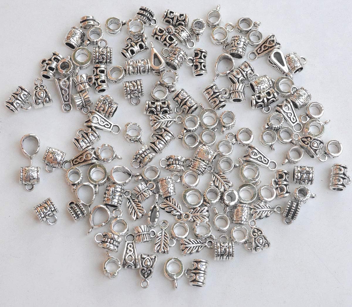 YYaaloa 120pcs Mixed Antique Tibetan Silver Bail Tube Beads, Spacer Bead, Bail Beads, Bead Hanger Fit Charm European Bracelet Bracelet Pendant Charms