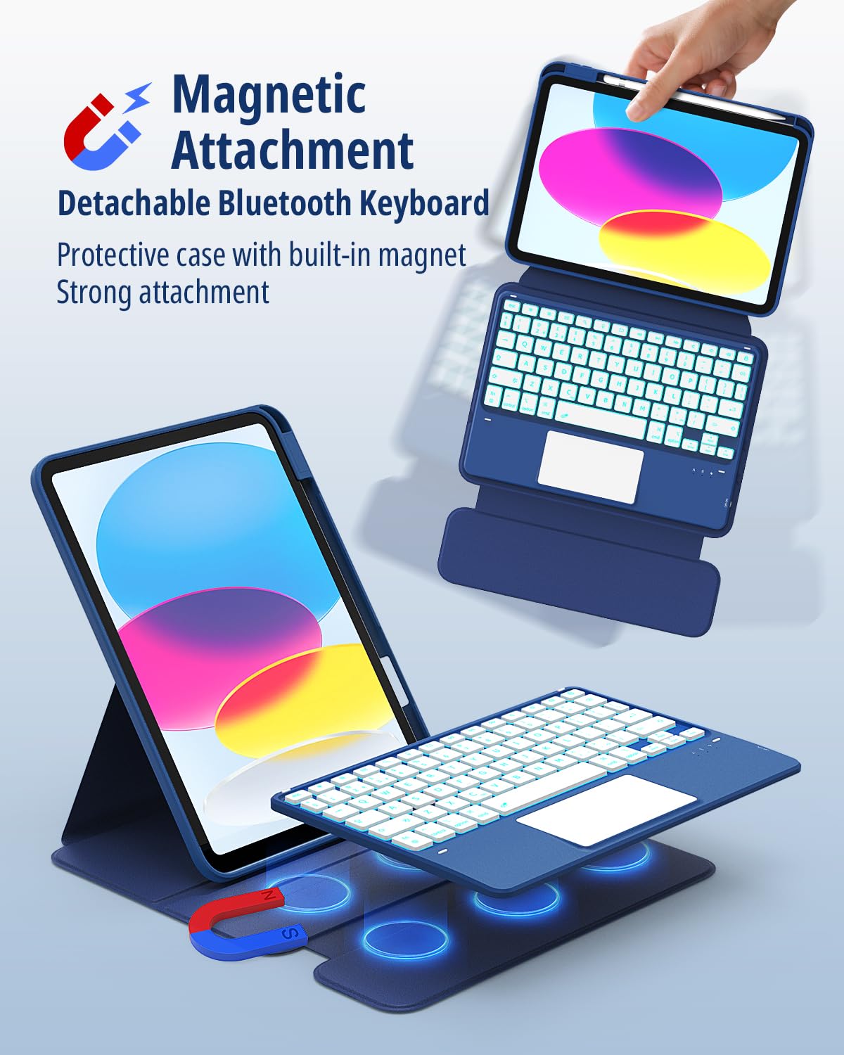 CACOE Drehbare Hülle mit Tastatur für iPad (A16) 11/10 Generation (11/10.9 Zoll) 2025/2022 mit Touchpad, 7-Farbige Beleuchtung Abnehmbare Kabellose Tastatur 360° Drehung mit Standfunktion,Ozeanblau