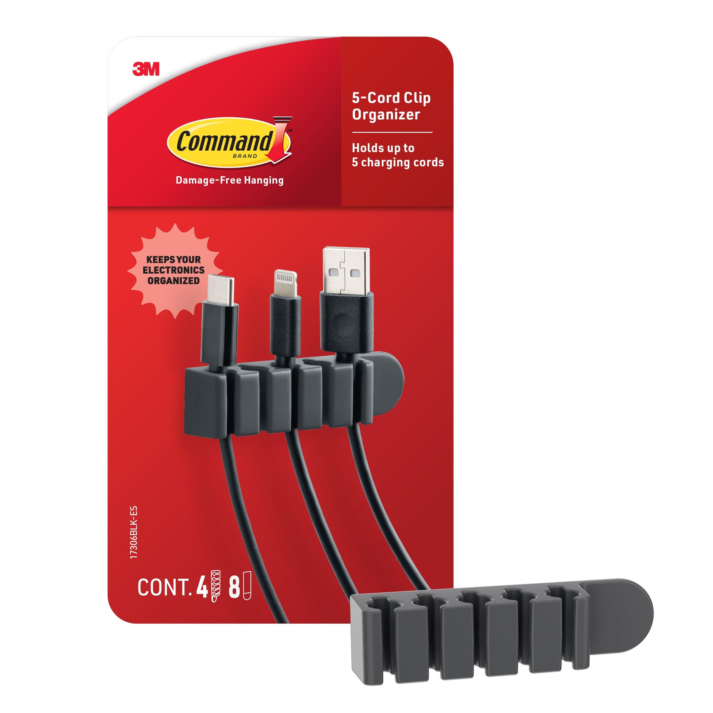 Command 5 klipsów do kabli, 4 klipsy i 8 średnich pasków, czarny, 1 klips mieści do 5 kabli do ładowania, idealny do organizowania elektroniki bez uszkodzeń pod biurkiem lub montażu przy