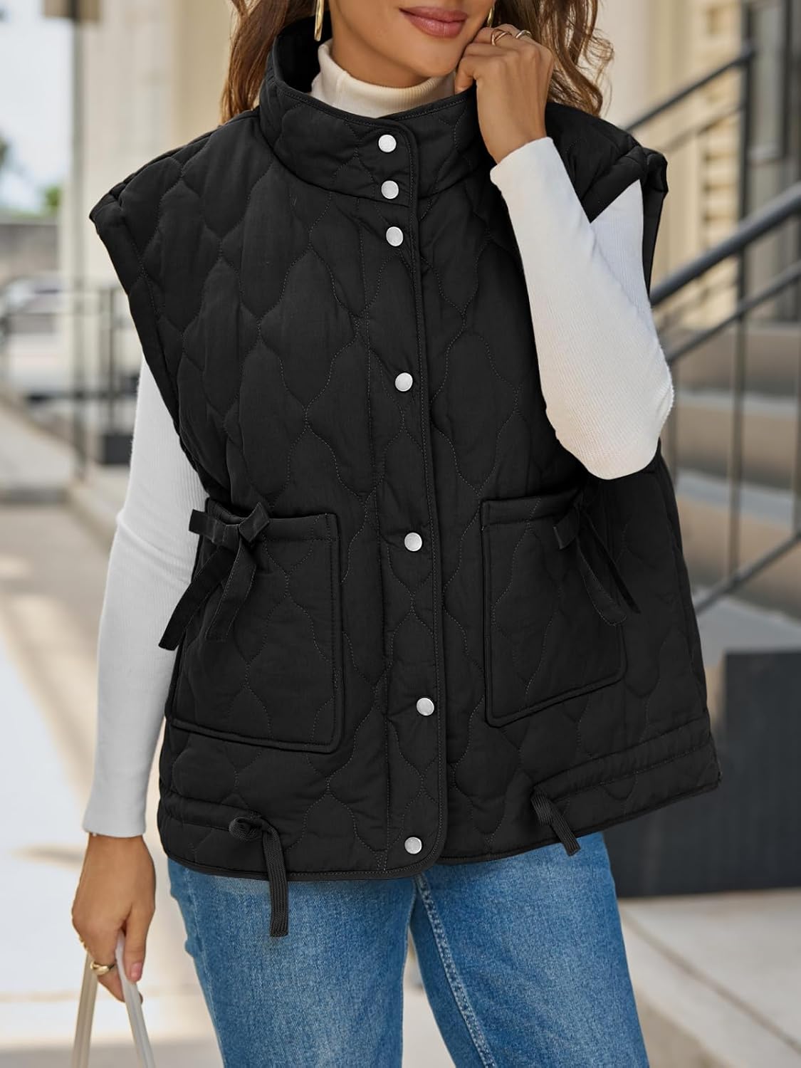 Cicy Bell Womens Puffer Quilted Vest Lightweight Stand Collar Cap Sleeve Jackets Button Down Padded Gilet Winter Outerwear - Image 4