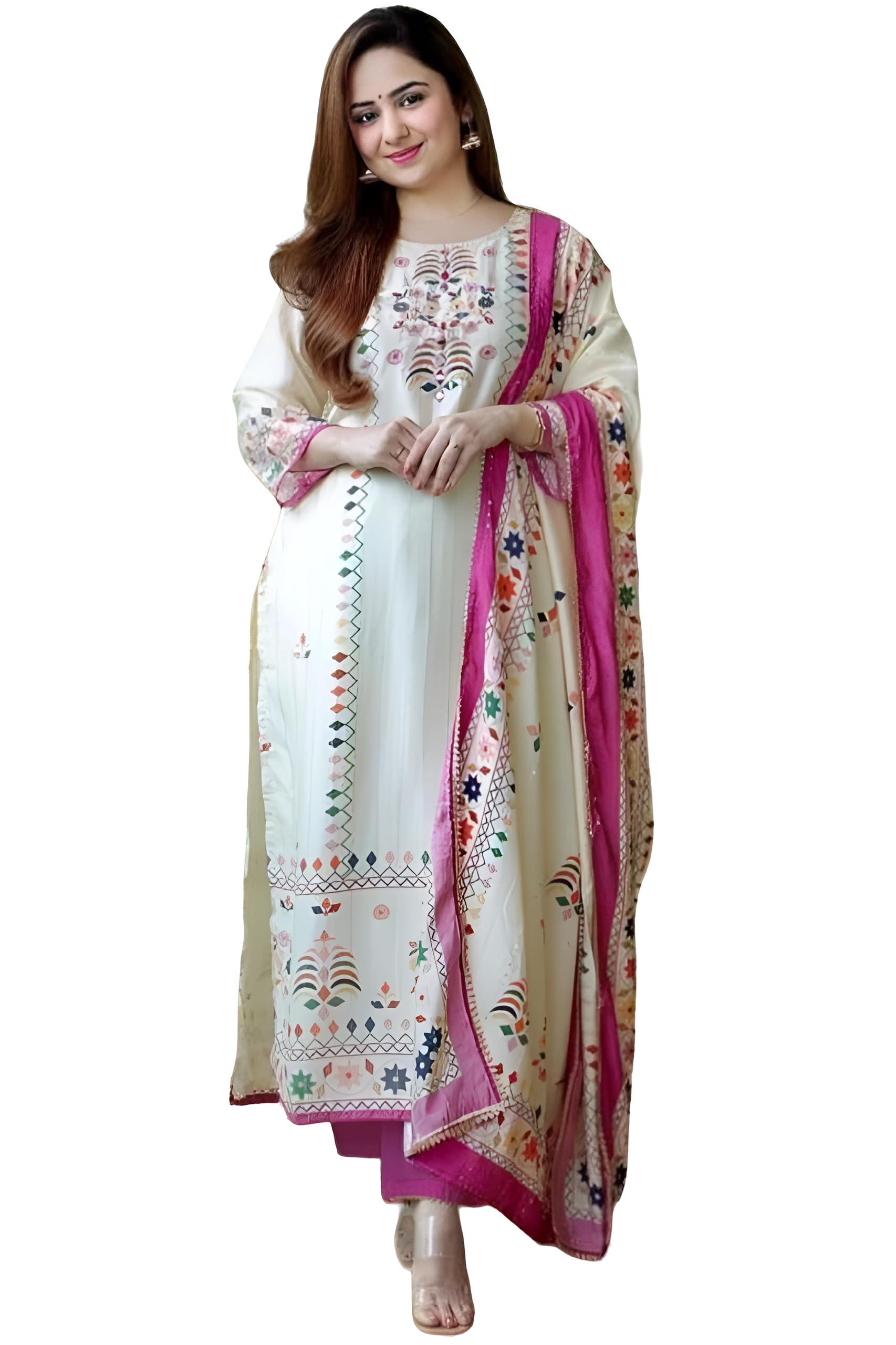 Women's Cotton Printed Sequence Embroidered Work Straight Kurta Dupatta Pant Set