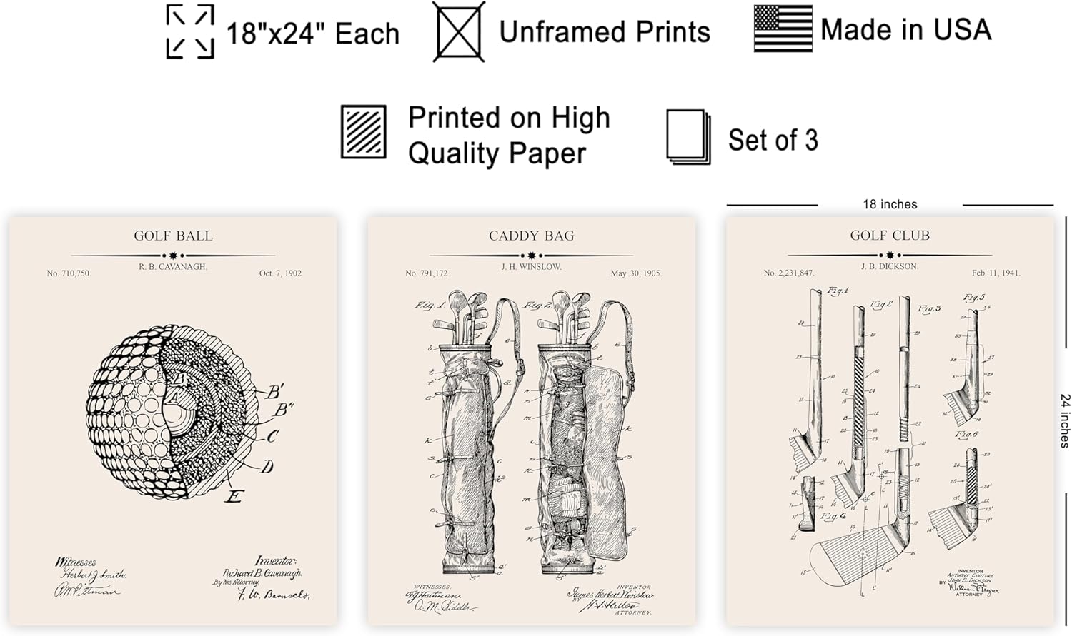 Poster Master 3-Piece Golf Ball Patent Print - Blueprint Poster - Sports Art - Technical Drawing Wall Design - Great Office, Living Room or Gym Wall Decor - 18x24 UNFRAMED Wall Art