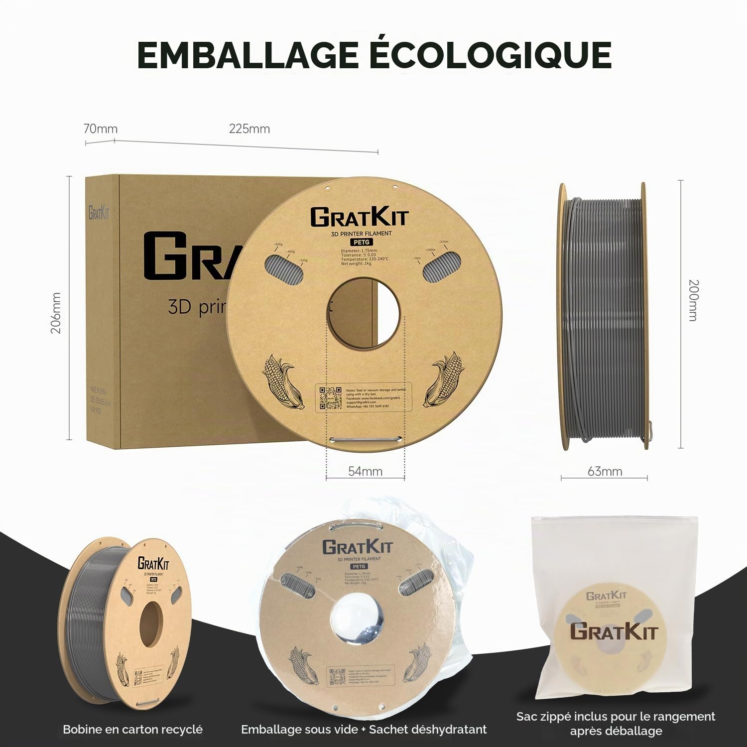 GratKit Filament PETG 1.75mm pour Imprimante 3D, 6KG Gris