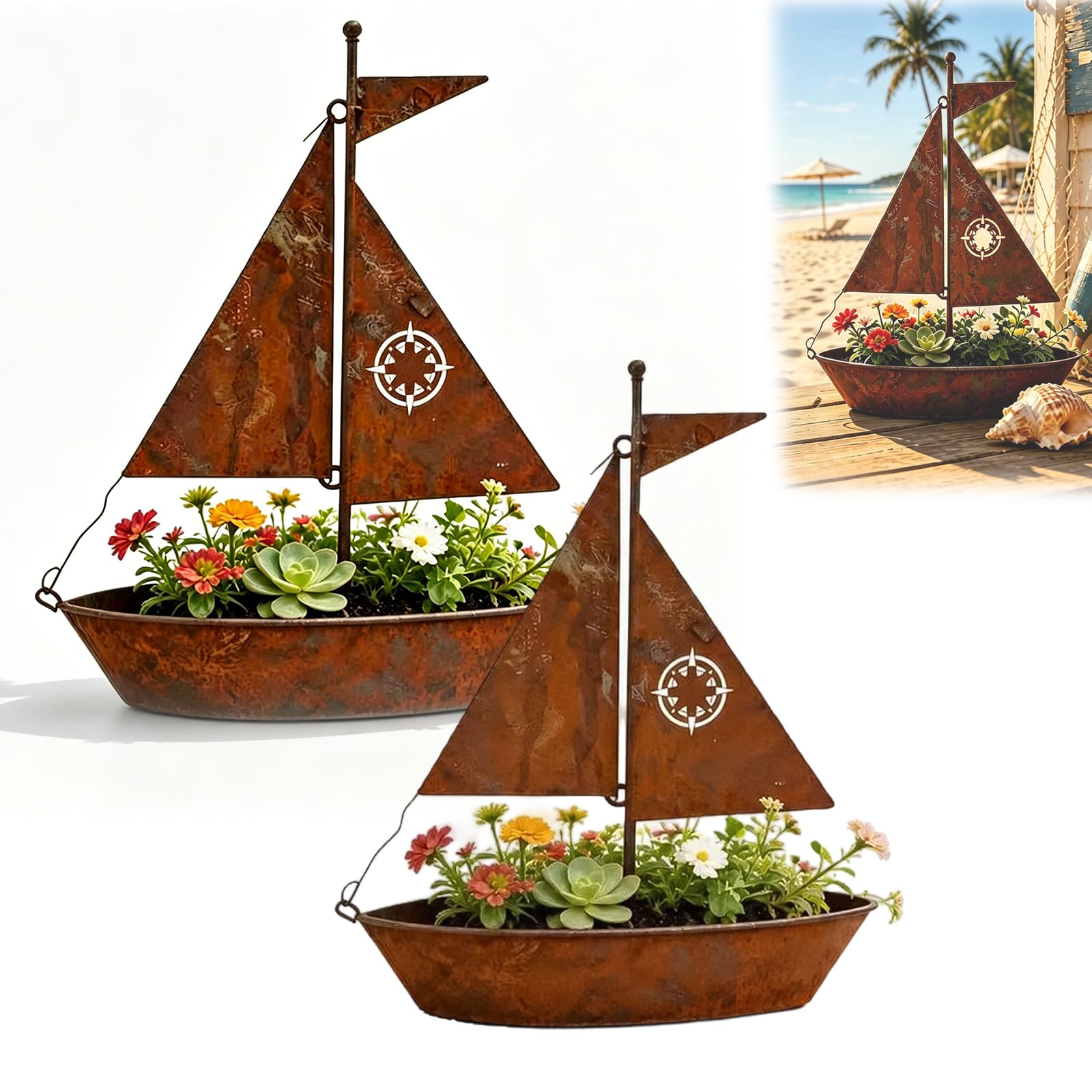 NNBWLMAEE Rustic Sailboat Metal Planter 3D Nautical Decor Vintage Iron Nautical Succulent Planter for Home Garden Patio Balcony Tabletop Decoration (2pcs)