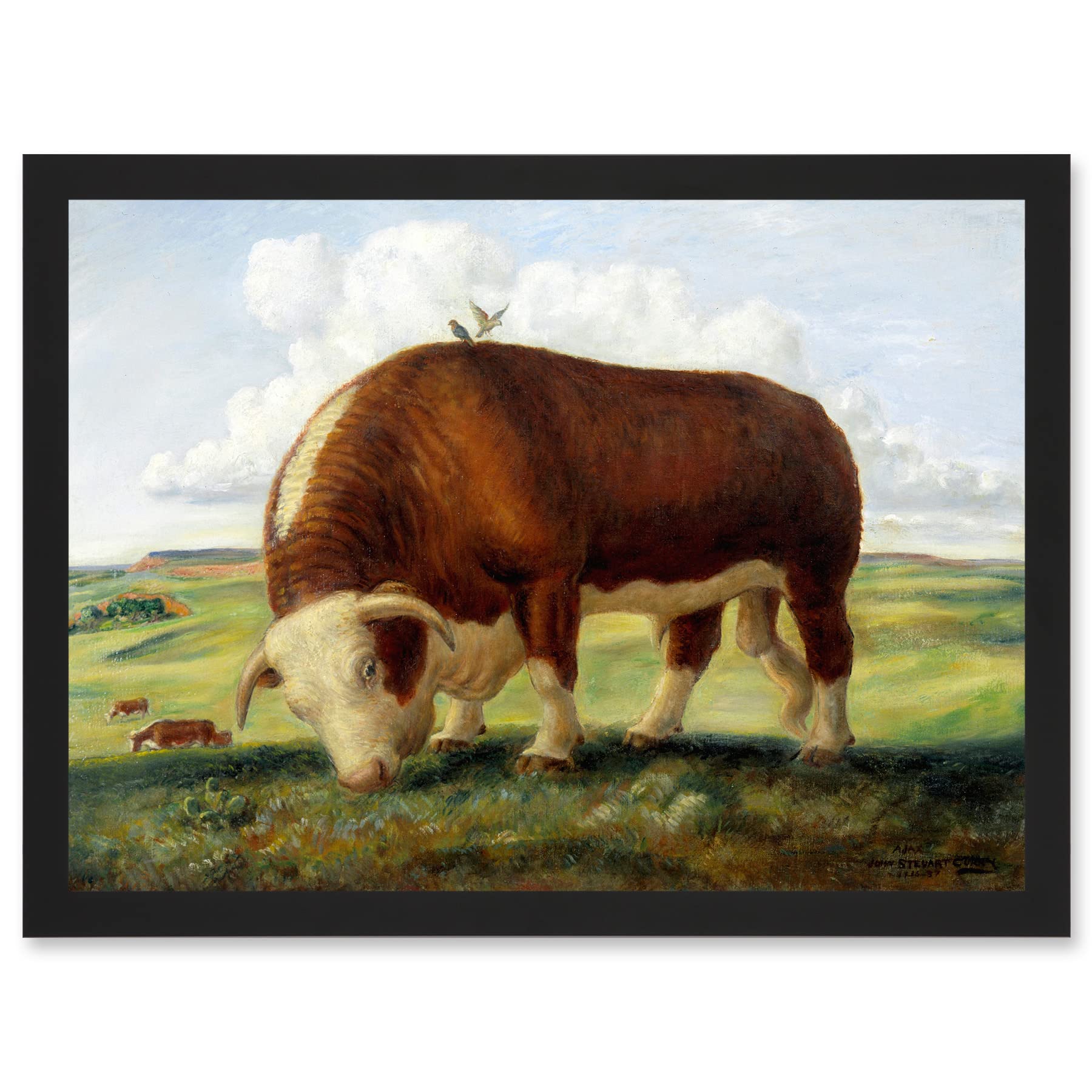 Artery8 Curry Ajax Hereford Bull Cow Birds Landscape Painting Artwork Framed Wall Art Print A4