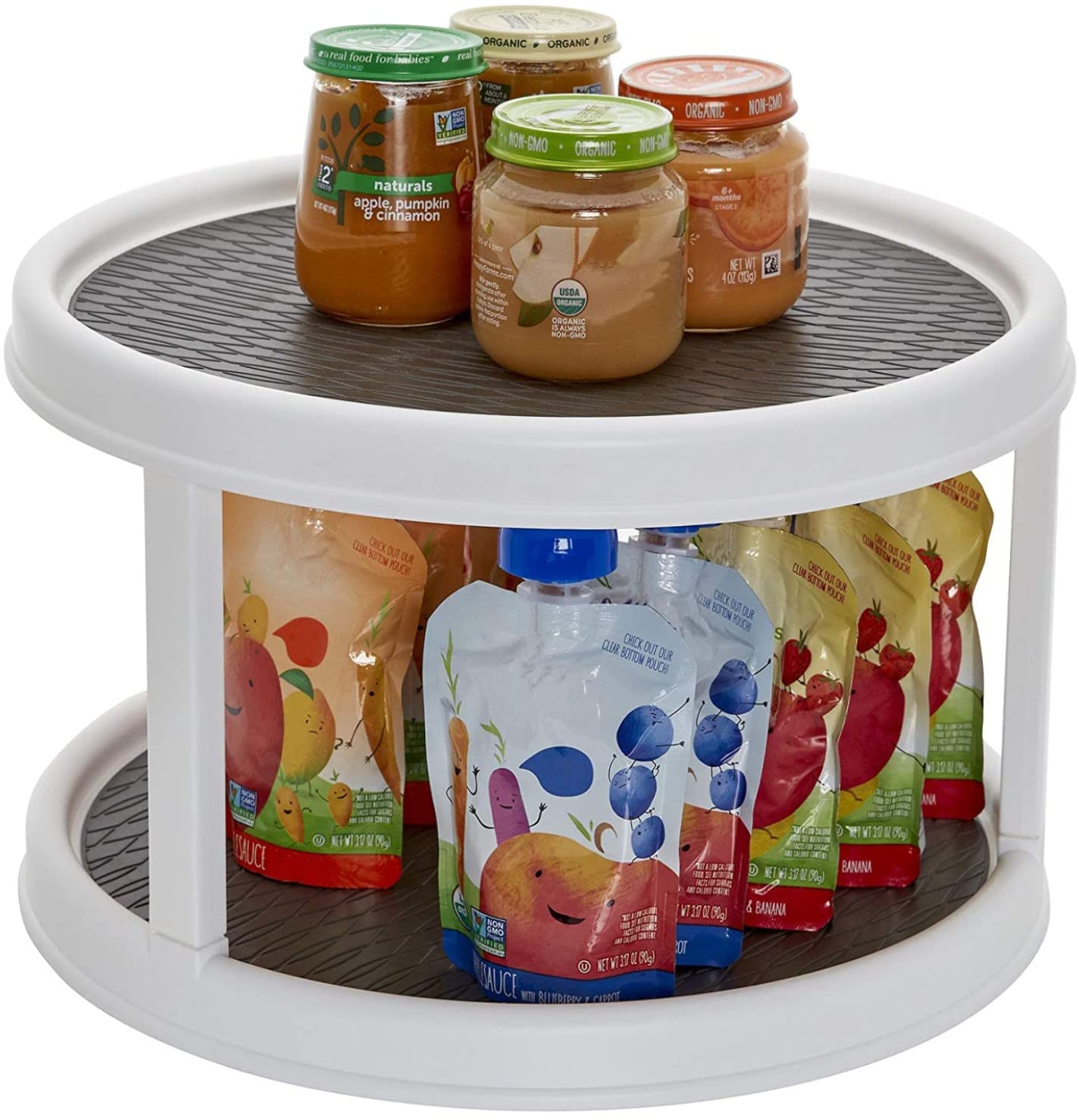 BRANDIC360° Rotating 2-Tier Lazy Susan Organizer with Metal Stand - Multipurpose Two-Tier Spice Rack, Cosmetic, Makeup Organiser for Cabinet, Table, Pantry (1Pack, White)